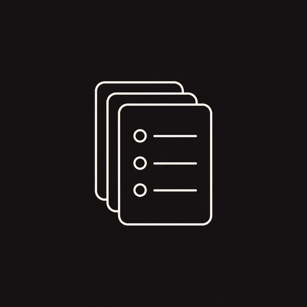 Icon of three stacked documents with bullet points on the front page against a black background.