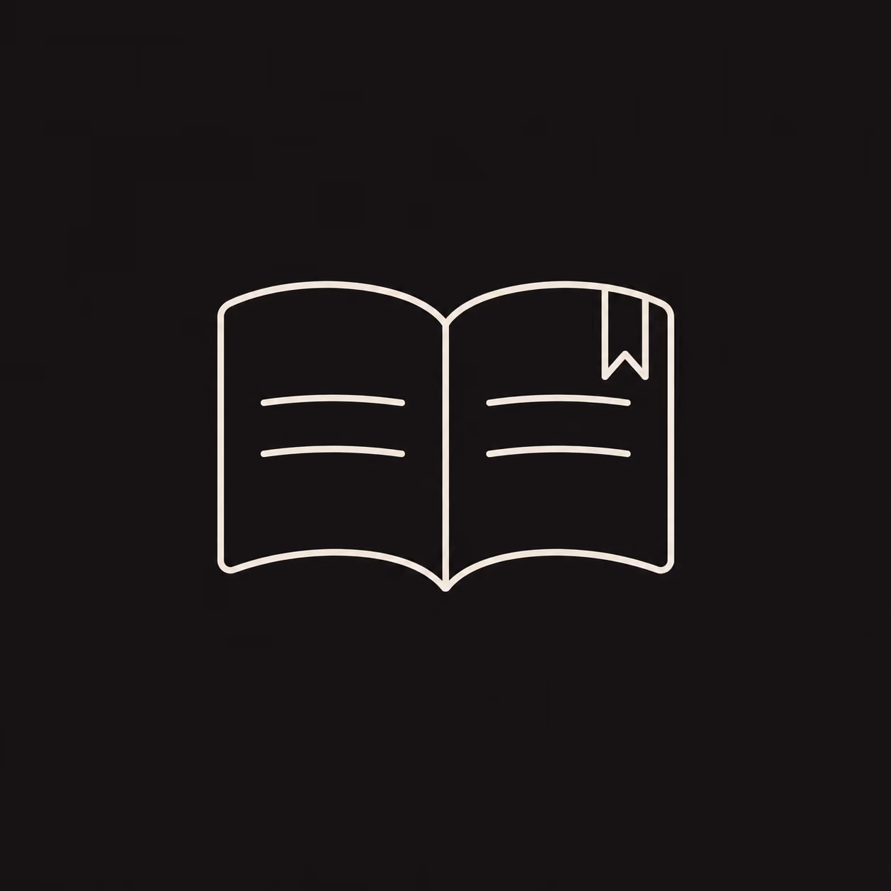 Simple line icon of an open book with two horizontal lines on each page representing text and a bookmark on the right page.