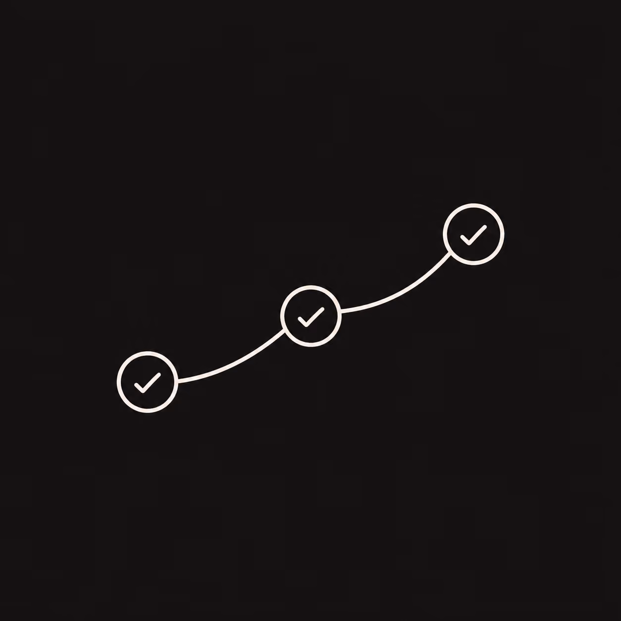 Three connected white outlined circles on a black background, each containing a white checkmark, forming an ascending curved line.