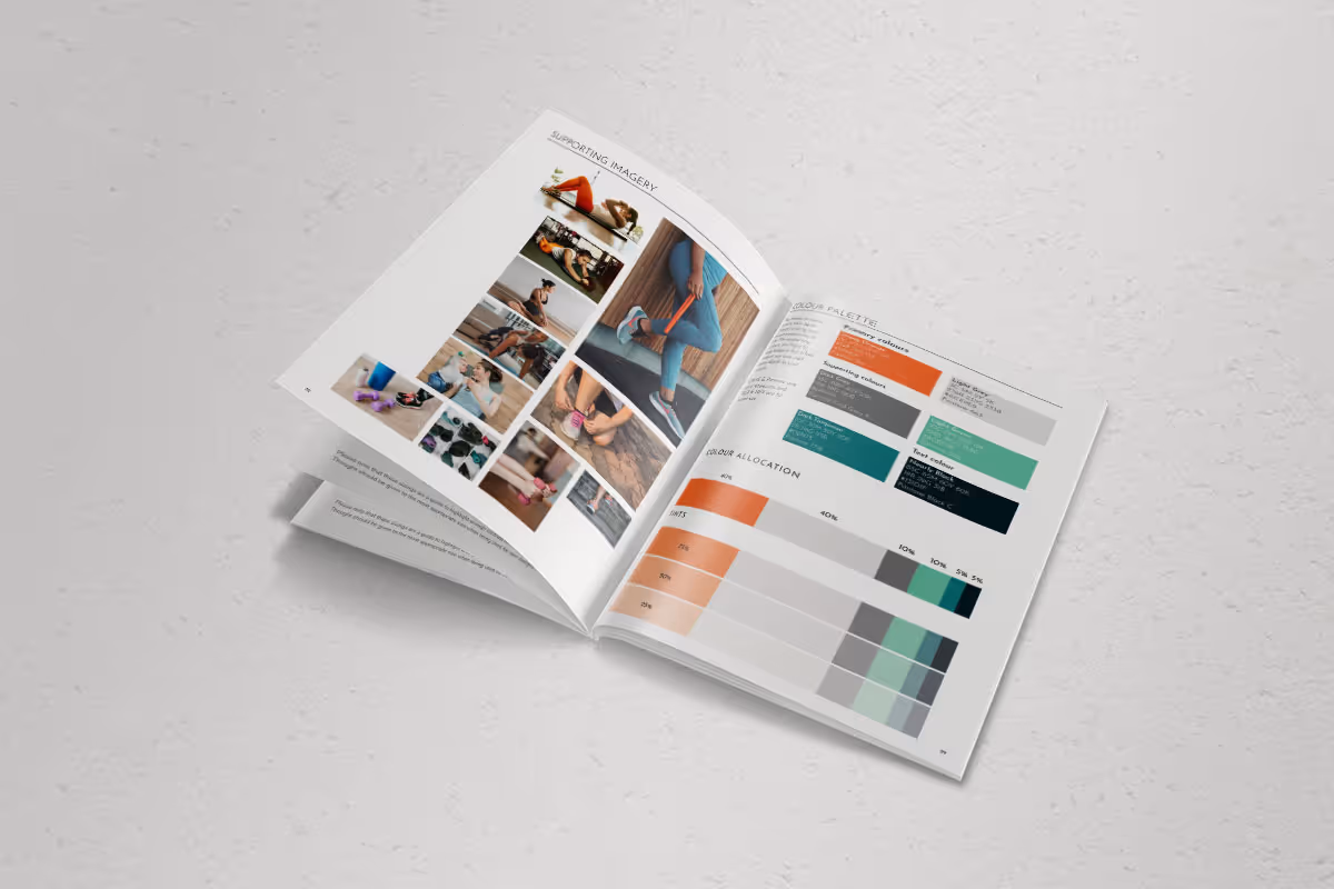 Open booklet showing a color palette with allocation charts and supporting imagery of people exercising.