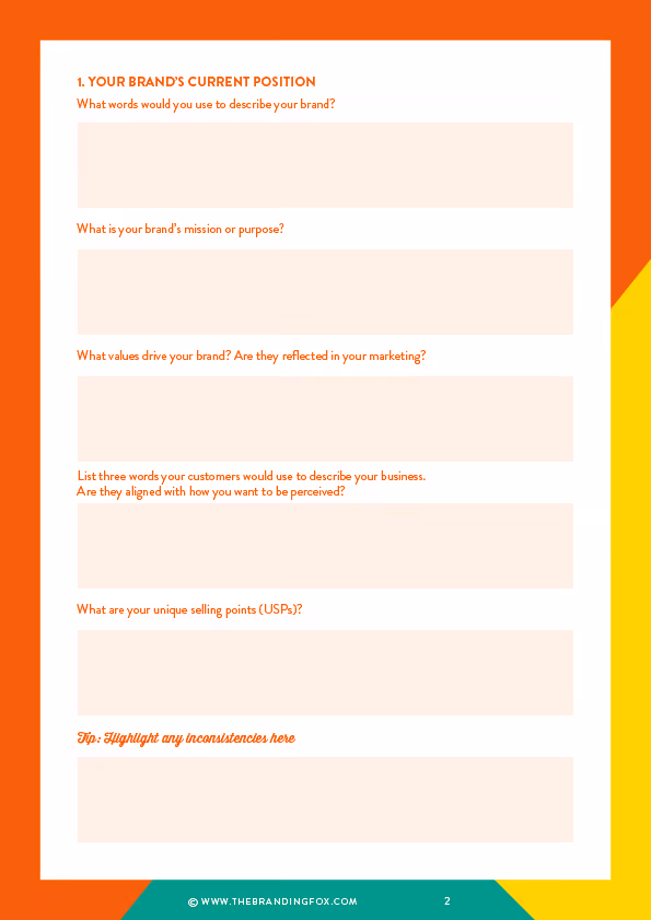First page checking the visual identity for your brand from the Review Your Brand Workbook - A DIY branding guide and free resource