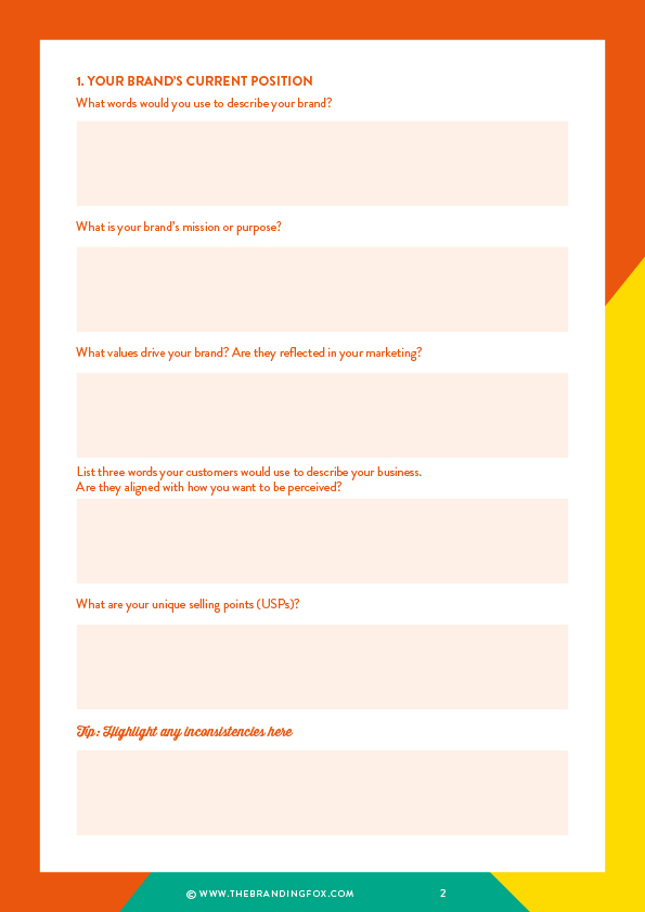 First page checking the visual identity for your brand from the Review Your Brand Workbook - A DIY branding guide and free resource