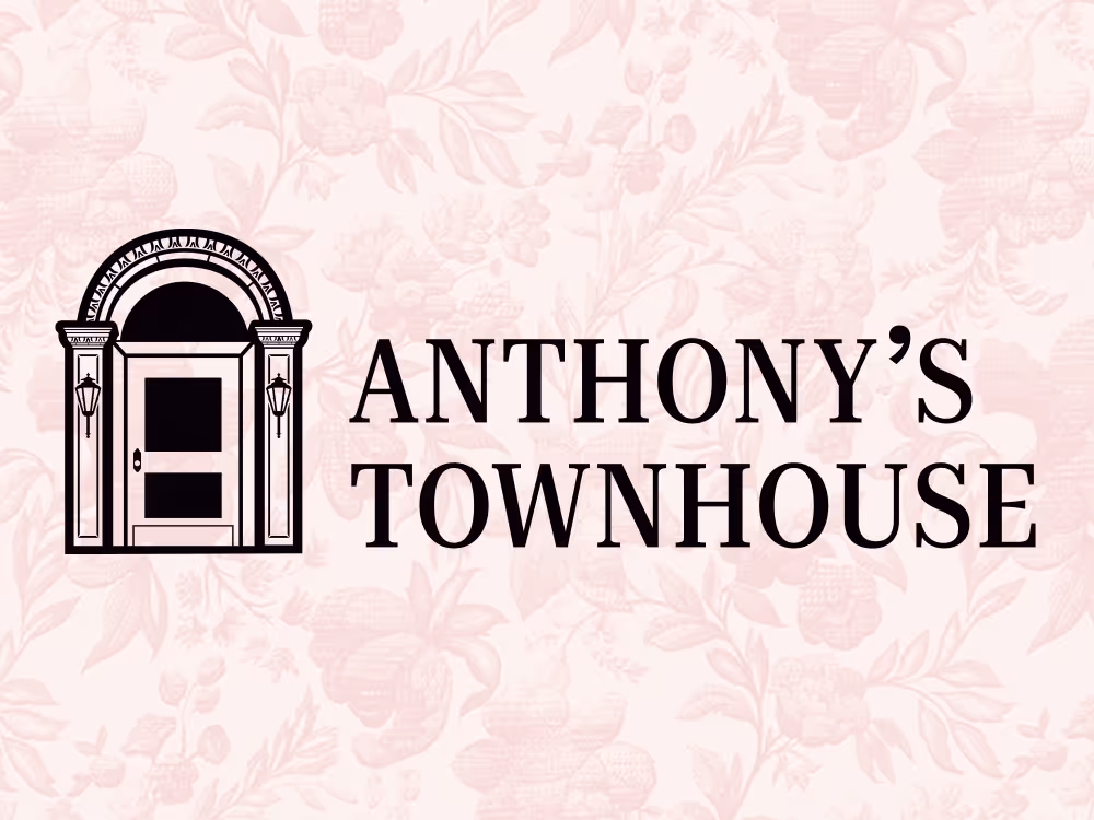 Logo featuring a decorative arched doorway icon next to the text 'ANTHONY'S TOWNHOUSE' on a pink floral background.