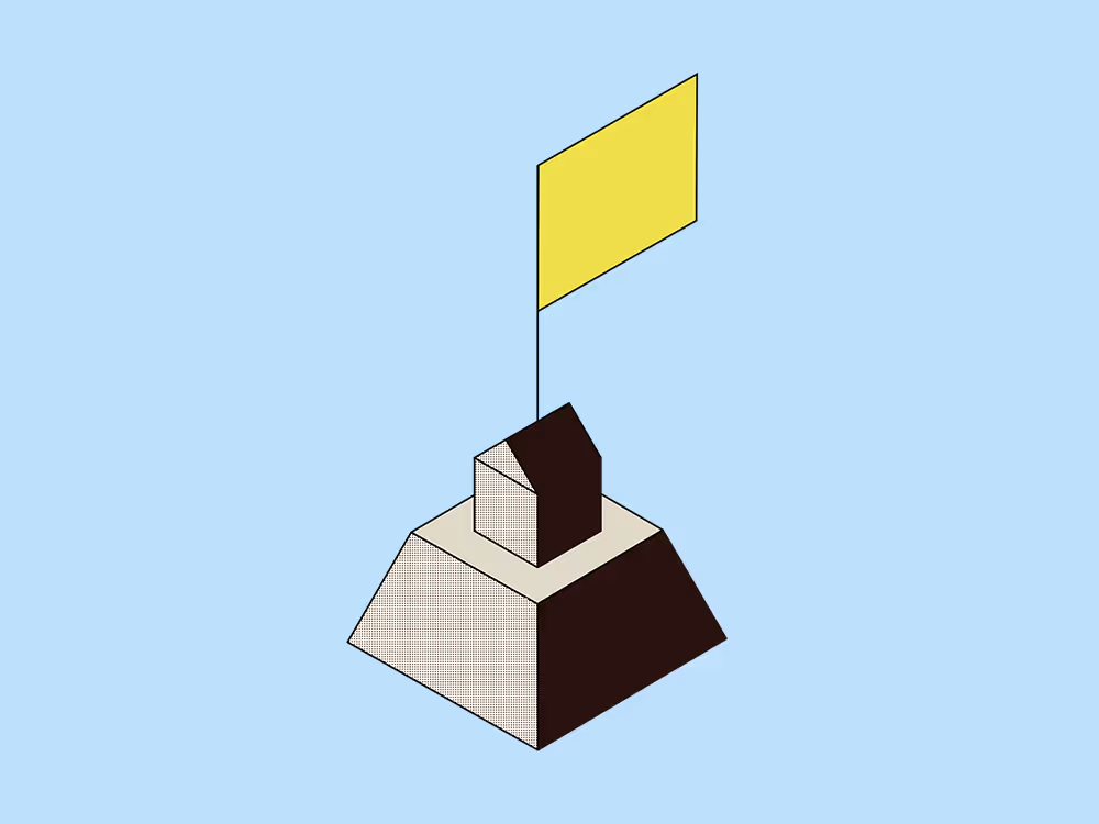 Isometric illustration of a small house with a dark roof and light walls on top of a trapezoidal base, with a yellow flag on a pole extending above the house, against a light blue background.