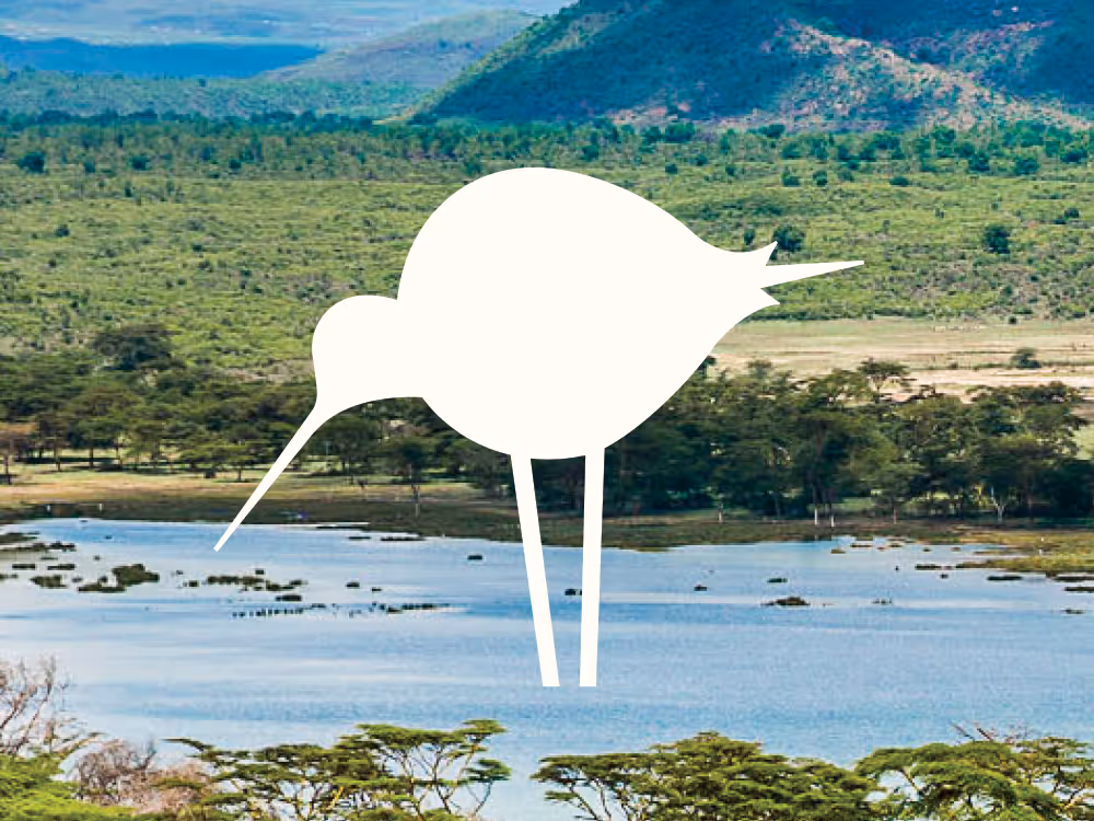 Scenic lake surrounded by green vegetation with a large white bird logo overlay at the center.