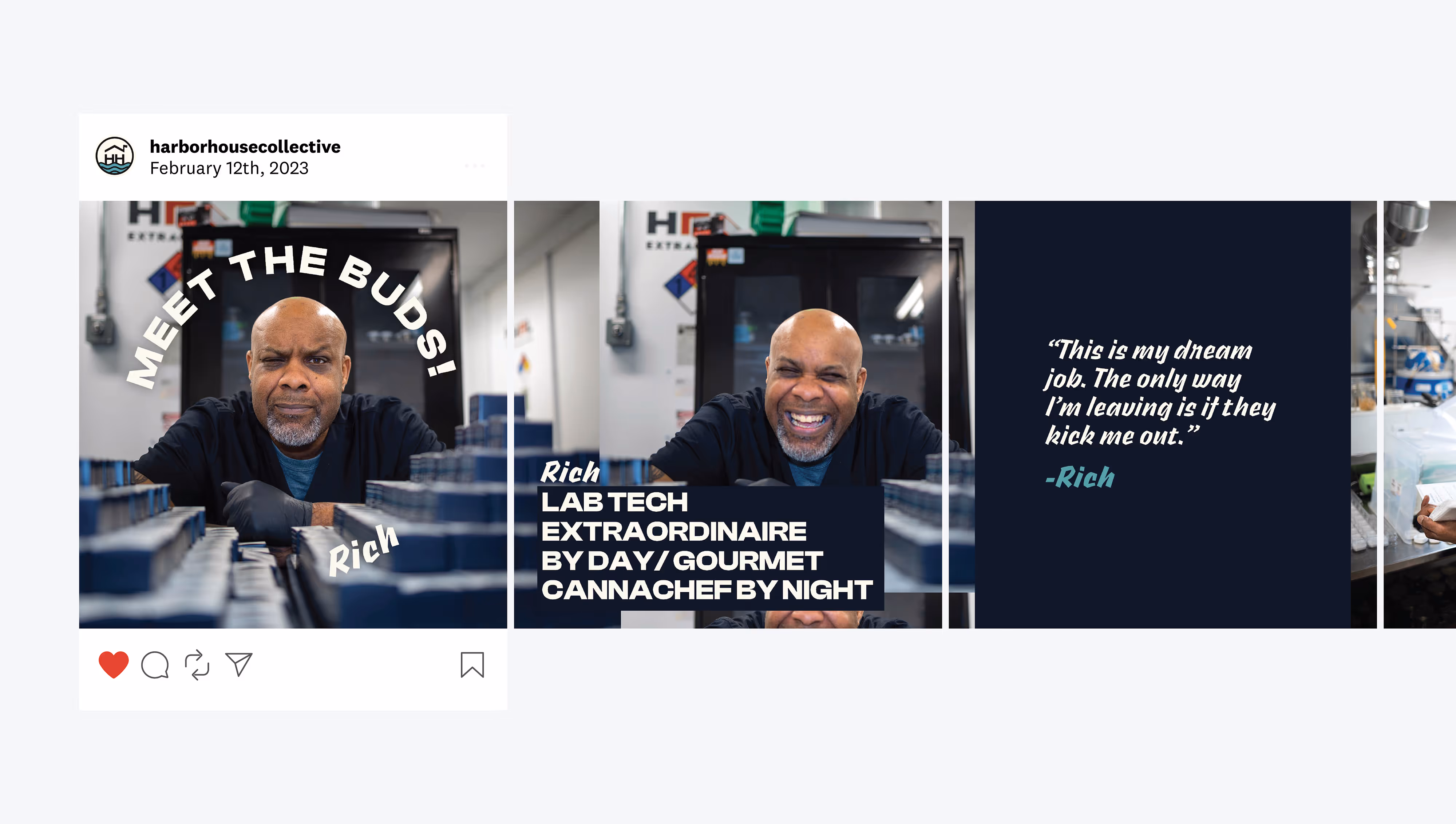 Instagram post featuring Rich, a bald man with a gray beard wearing black gloves and a black jacket, with text highlighting his role as a lab tech and gourmet cannachef, and a quote about his dream job.