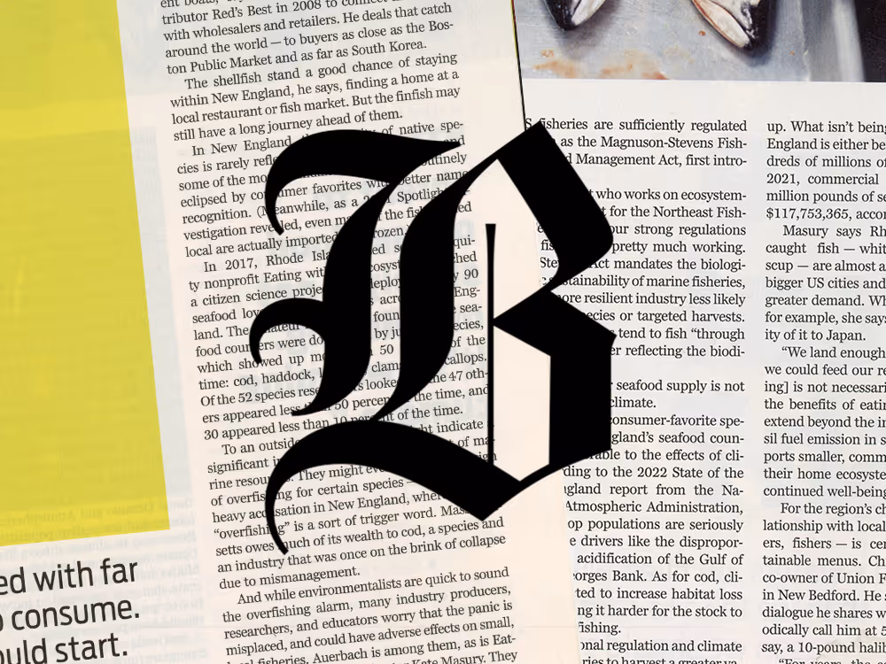 Boston Globe logo overlaying a background of printed newspaper text with columns and a yellow highlighted section on the left.