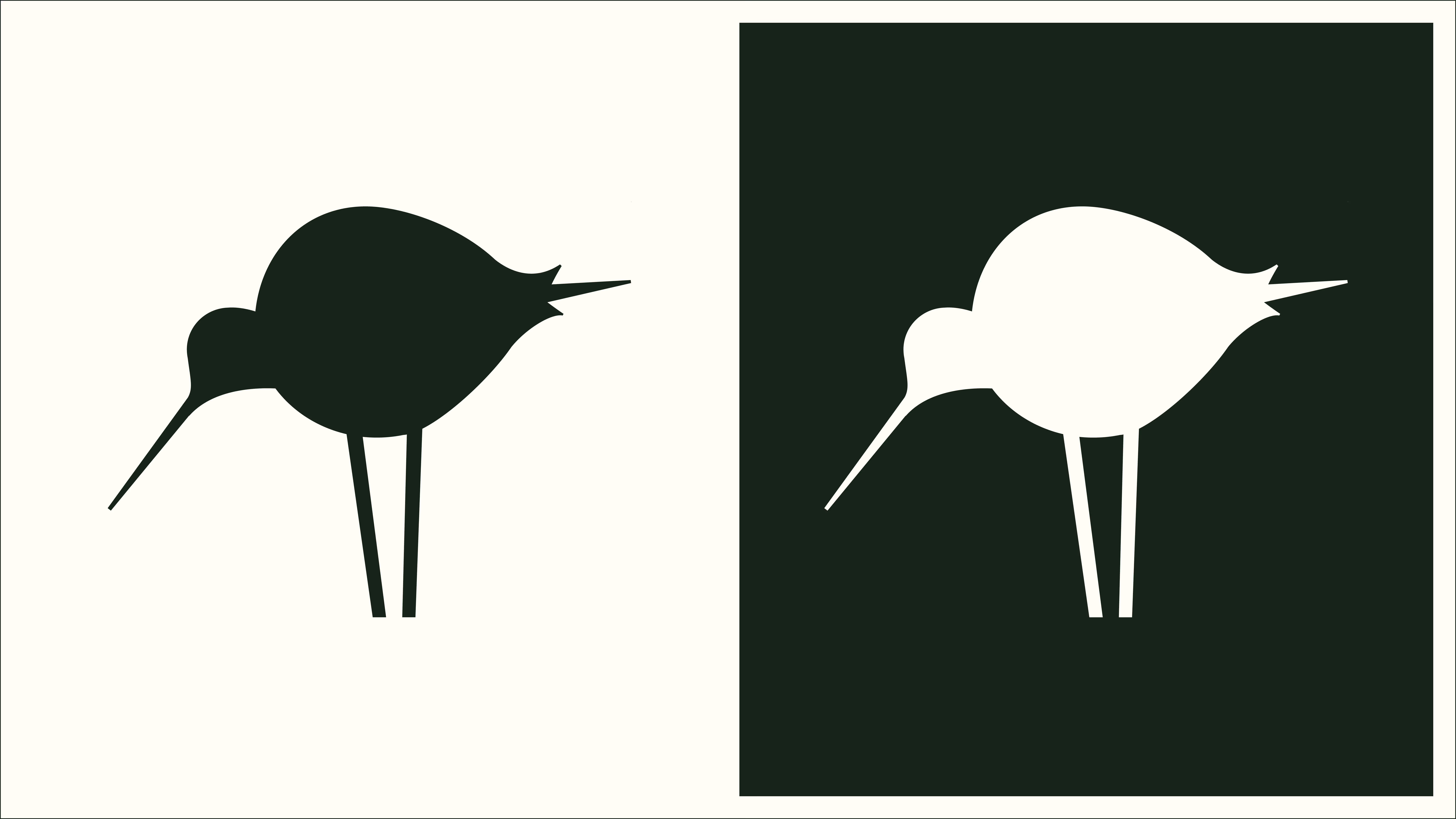 Two stylized bird silhouette logos with long beaks and legs; one black on white background and one white on black background.