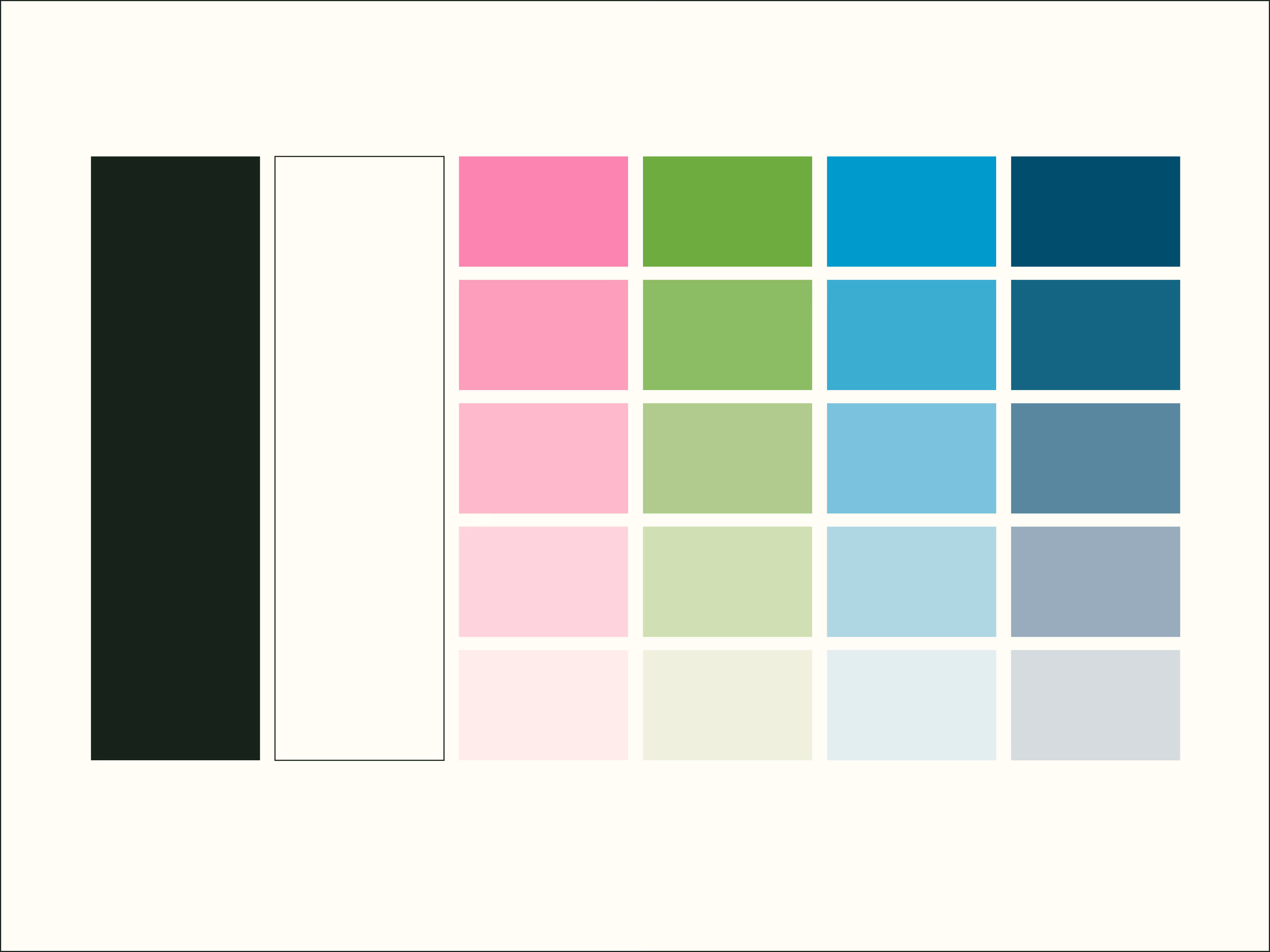 Color palette with dark green and off-white base colors, and five rows of pink, green, blue, and teal shades in descending lighter tones.