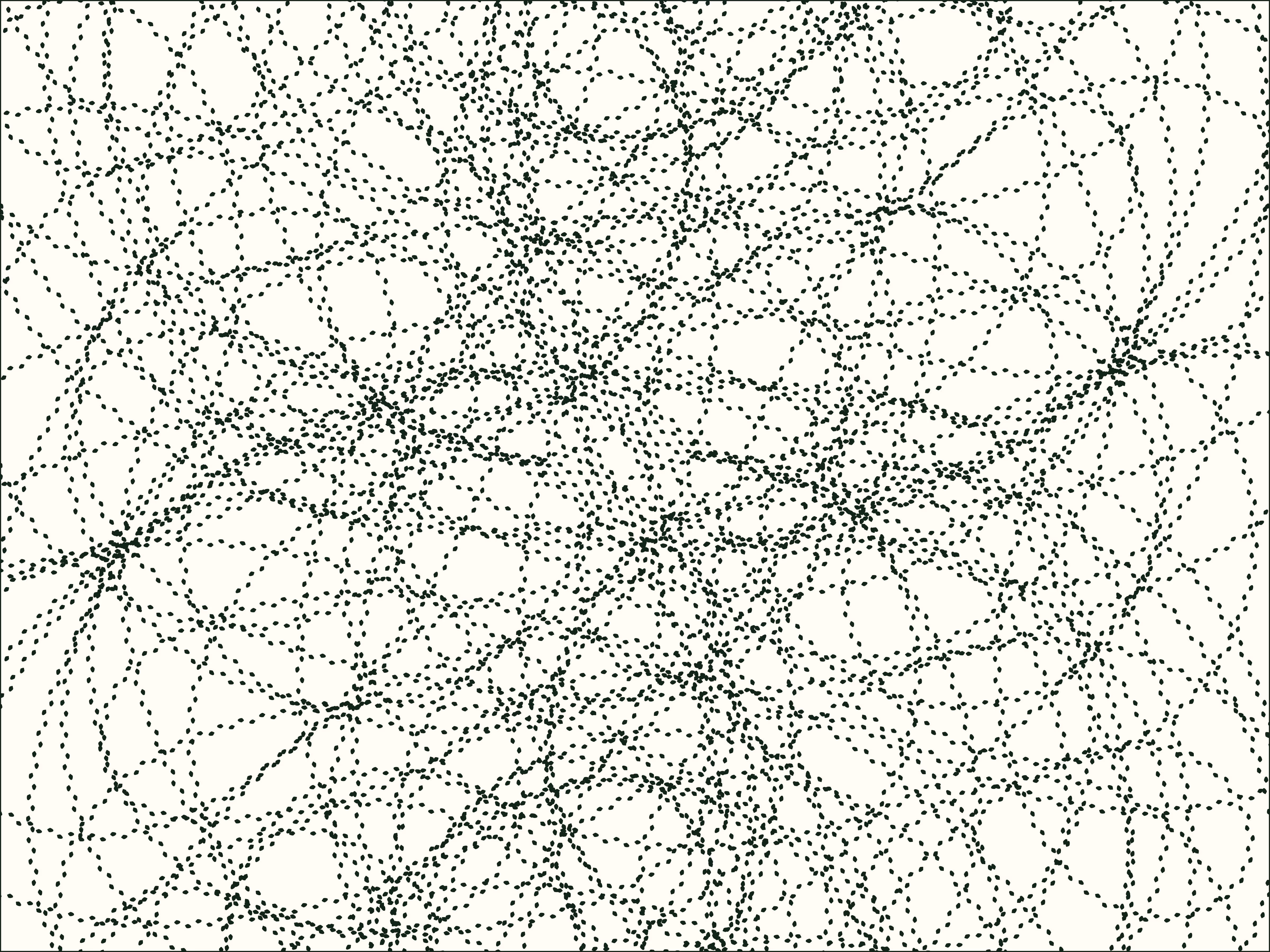 Abstract pattern of numerous black dashed lines of bird footprints intersecting and looping over a cream background.