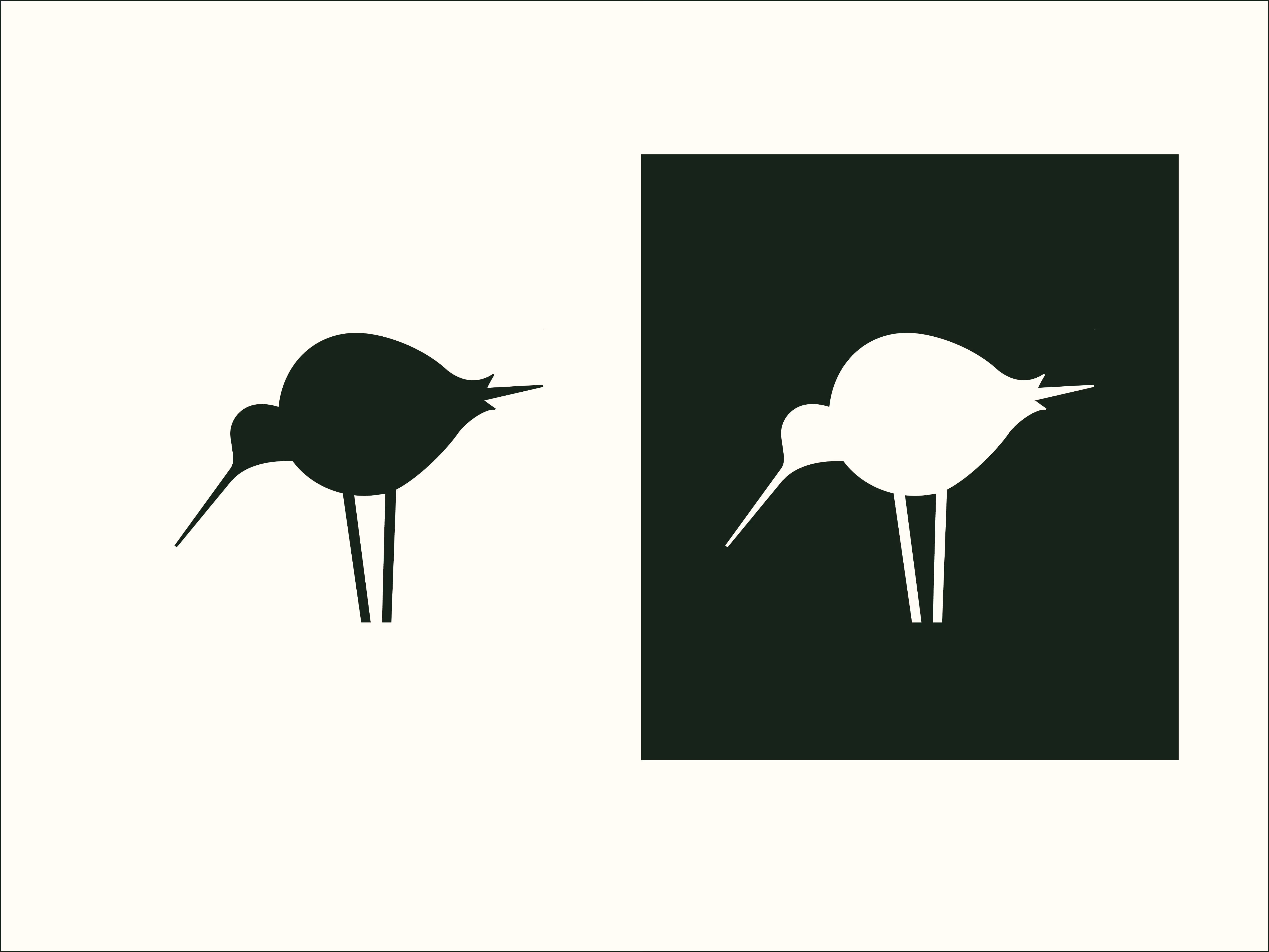 Minimalist bird silhouette logo with long beak, shown in black on a white background and inverted in white on a black square.