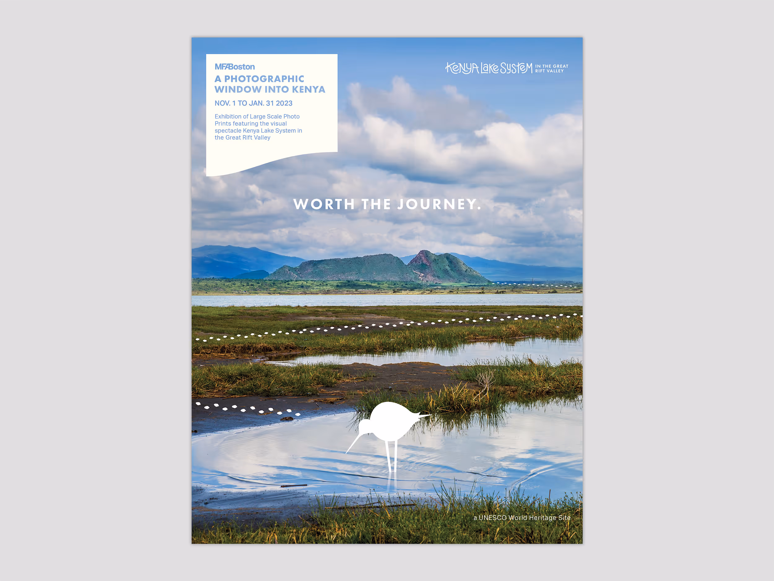 An advertisement for an exhibition of photos of the Kenya Lake System that will be on display at the MFA with the tagline "Worth the Journey."