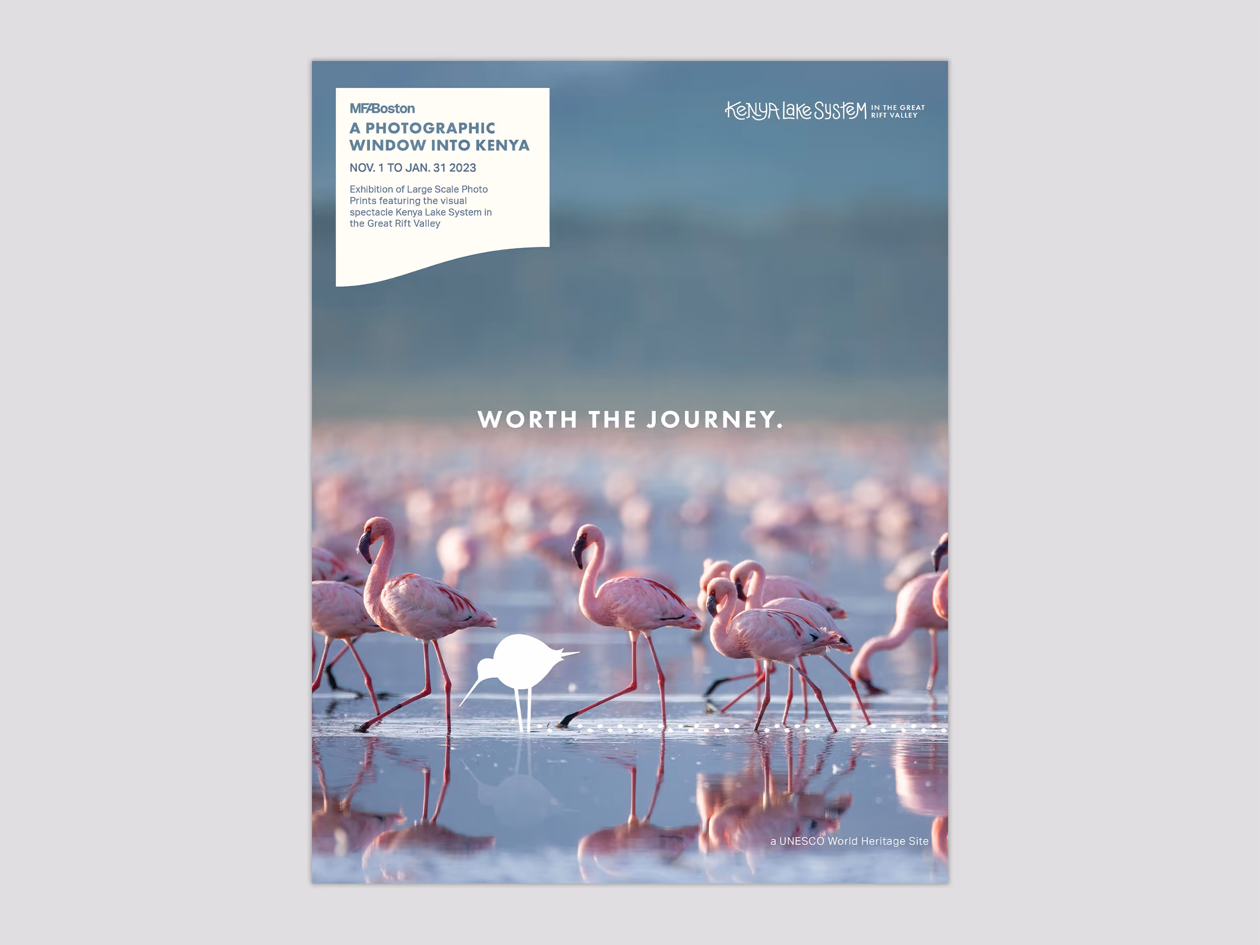 An advertisement for an exhibition of photos of the Kenya Lake System that will be on display at the MFA with the tagline "Worth the Journey."