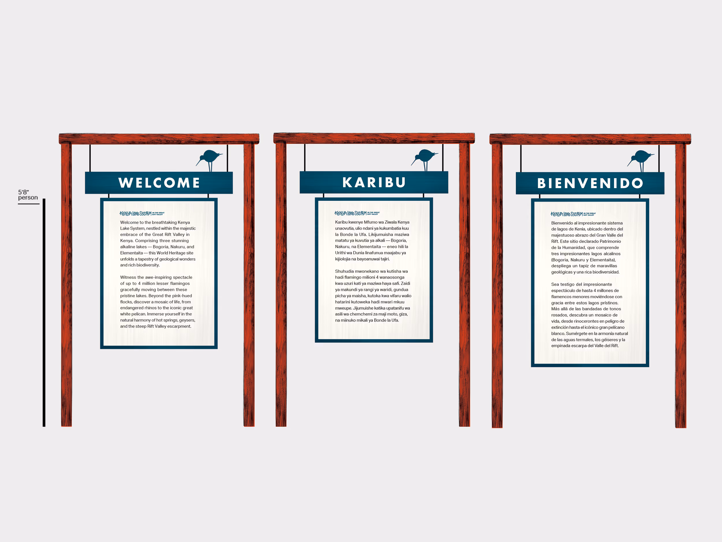 Three wooden-framed signs with blue headers reading Welcome, Karibu, and Bienvenido, containing informational text about Kenya's Great Rift Valley lakes in English, Swahili, and Spanish.