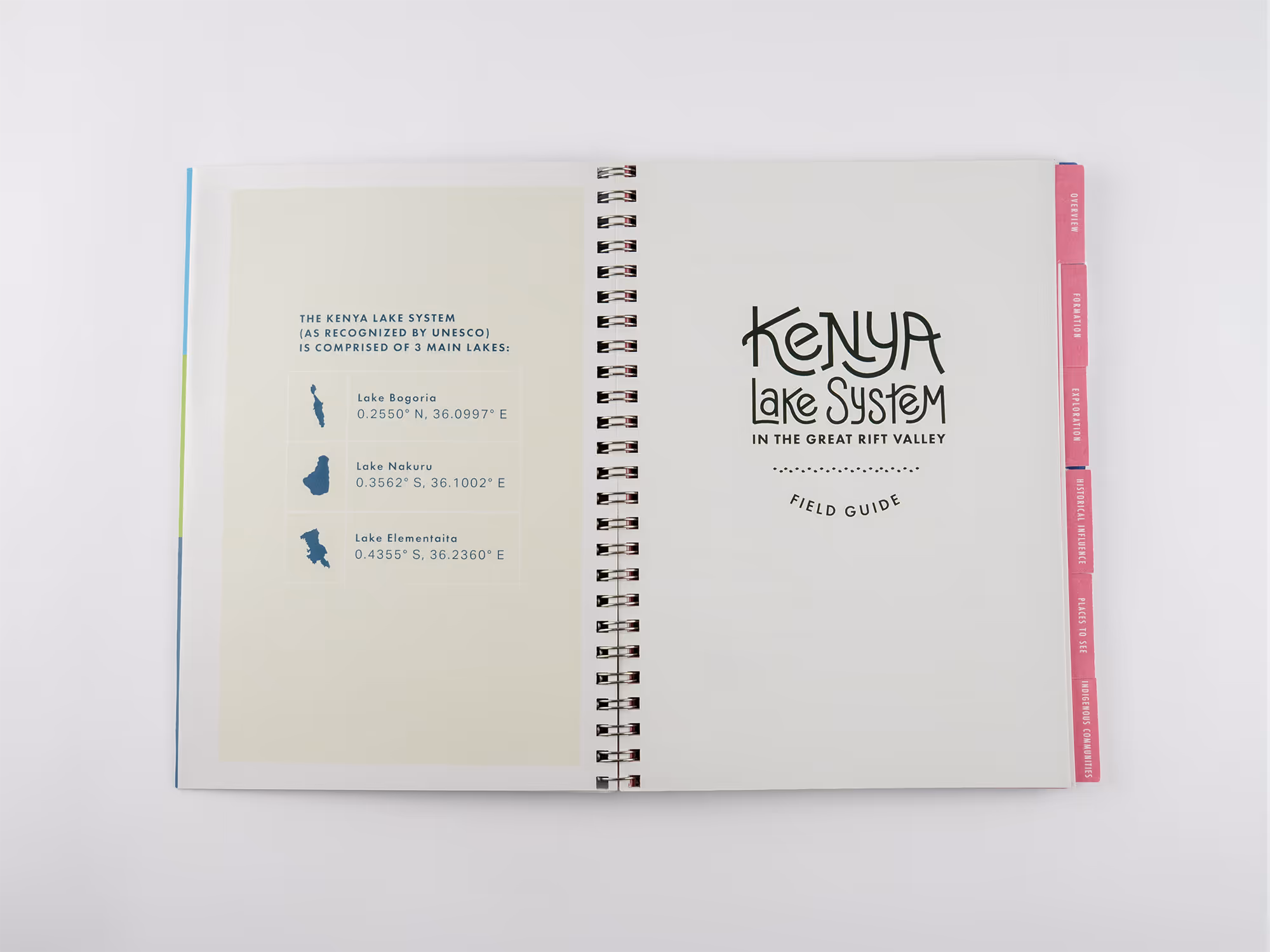 Open field guide with text listing the three main lakes in the Kenya Lake System: Lake Bogoria, Lake Nakuru, and Lake Elementaita, along with their coordinates.