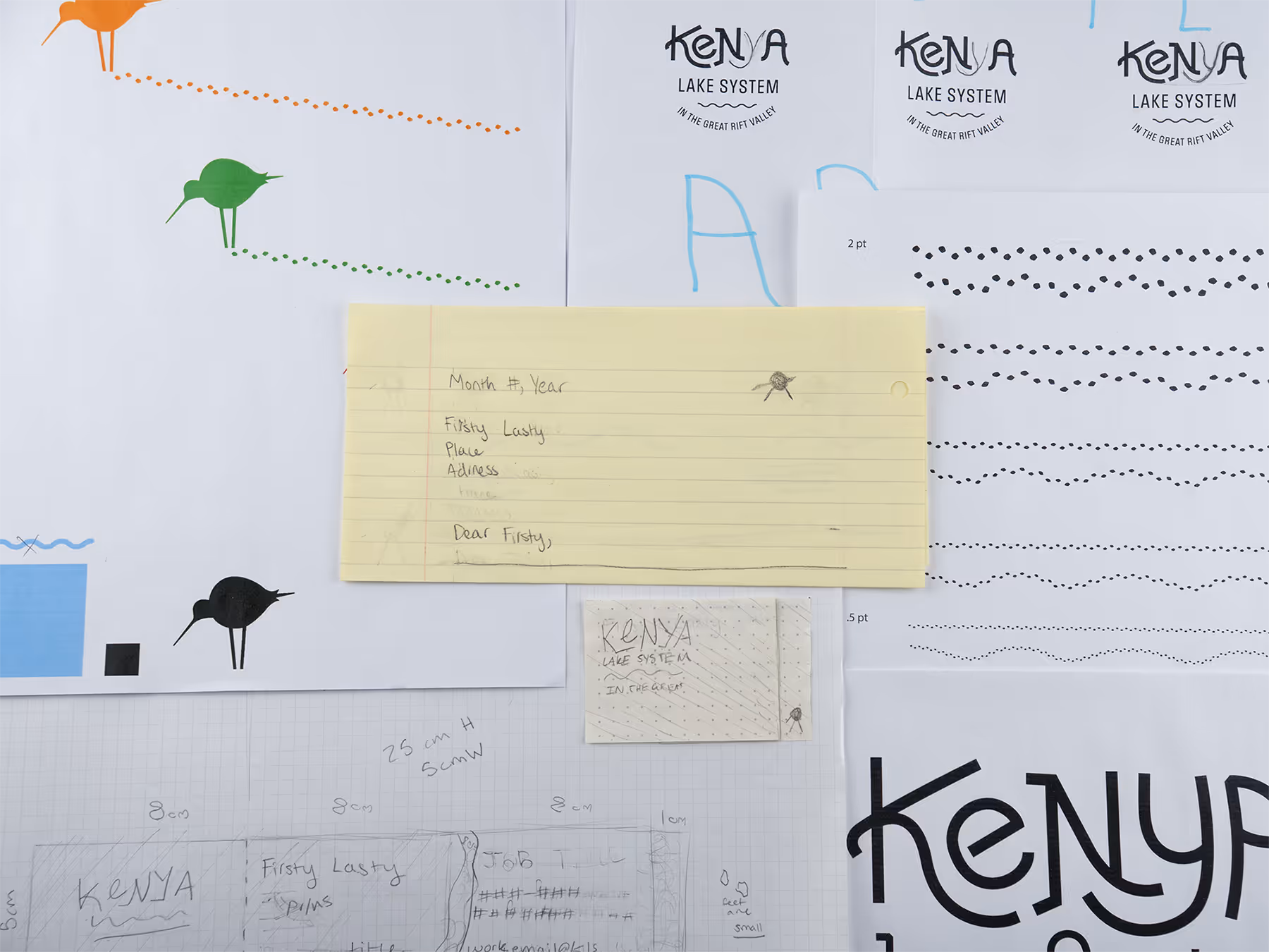 Design sketches and handwritten notes for Kenya Lake System branding, showing logo variations, patterns, and layout measurements on paper sheets.