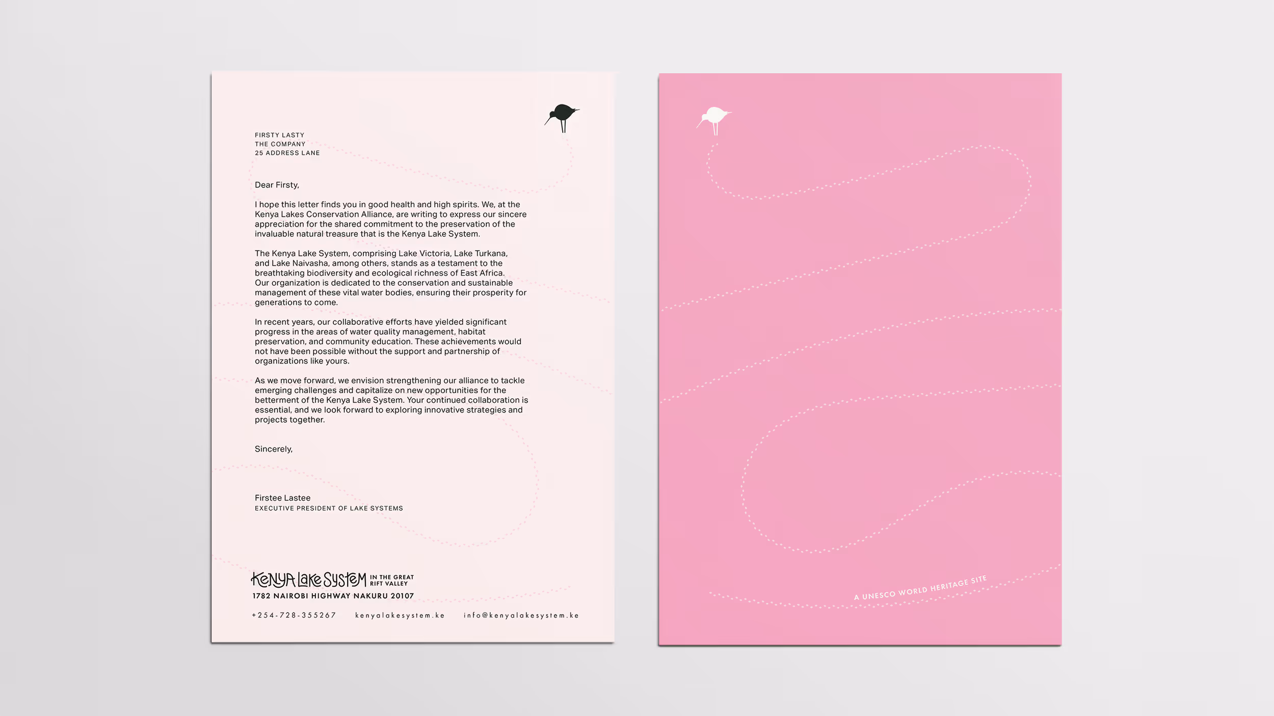Two side-by-side letterhead designs for Kenya Lake System with a bird graphic; left side in light pink with a letter text and contact details, right side in solid pink with a bird and text 'A UNESCO World Heritage Site'.