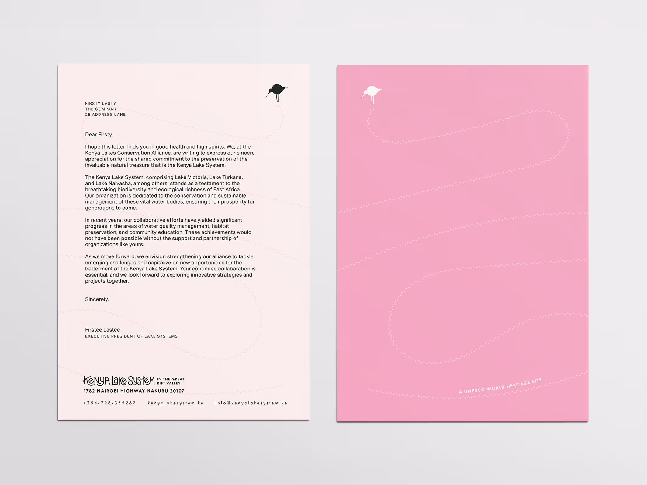 Two-page letter set with a white letter on the left detailing Kenya Lakes Conservation Alliance’s message, and a pink back page on the right featuring a dotted bird flight path and text denoting a UNESCO World Heritage Site.