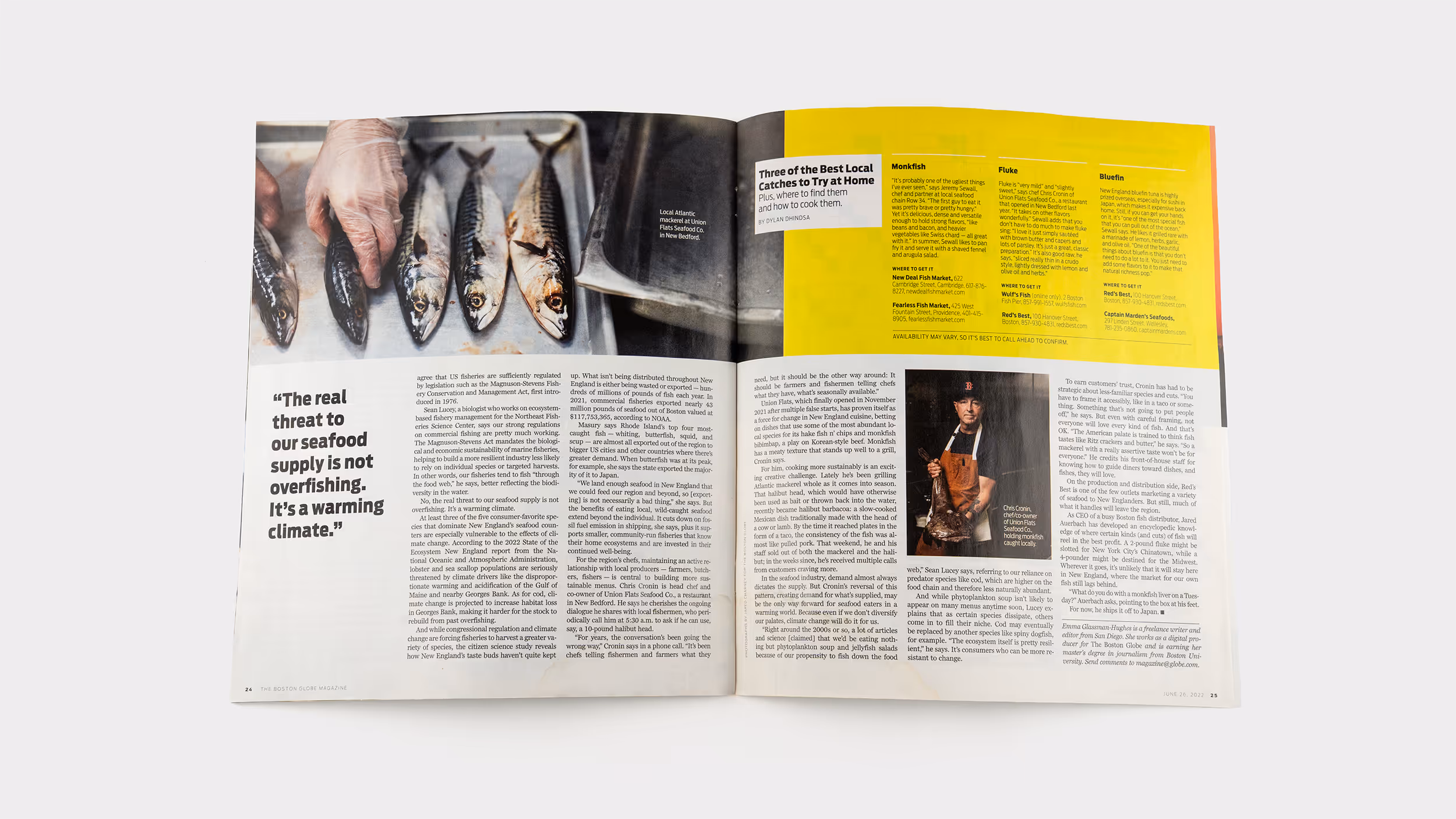 Magazine spread featuring an article on seafood sustainability with a photo of whole fish lined up on a tray and a chef grilling fish, accompanied by text and local seafood market recommendations.