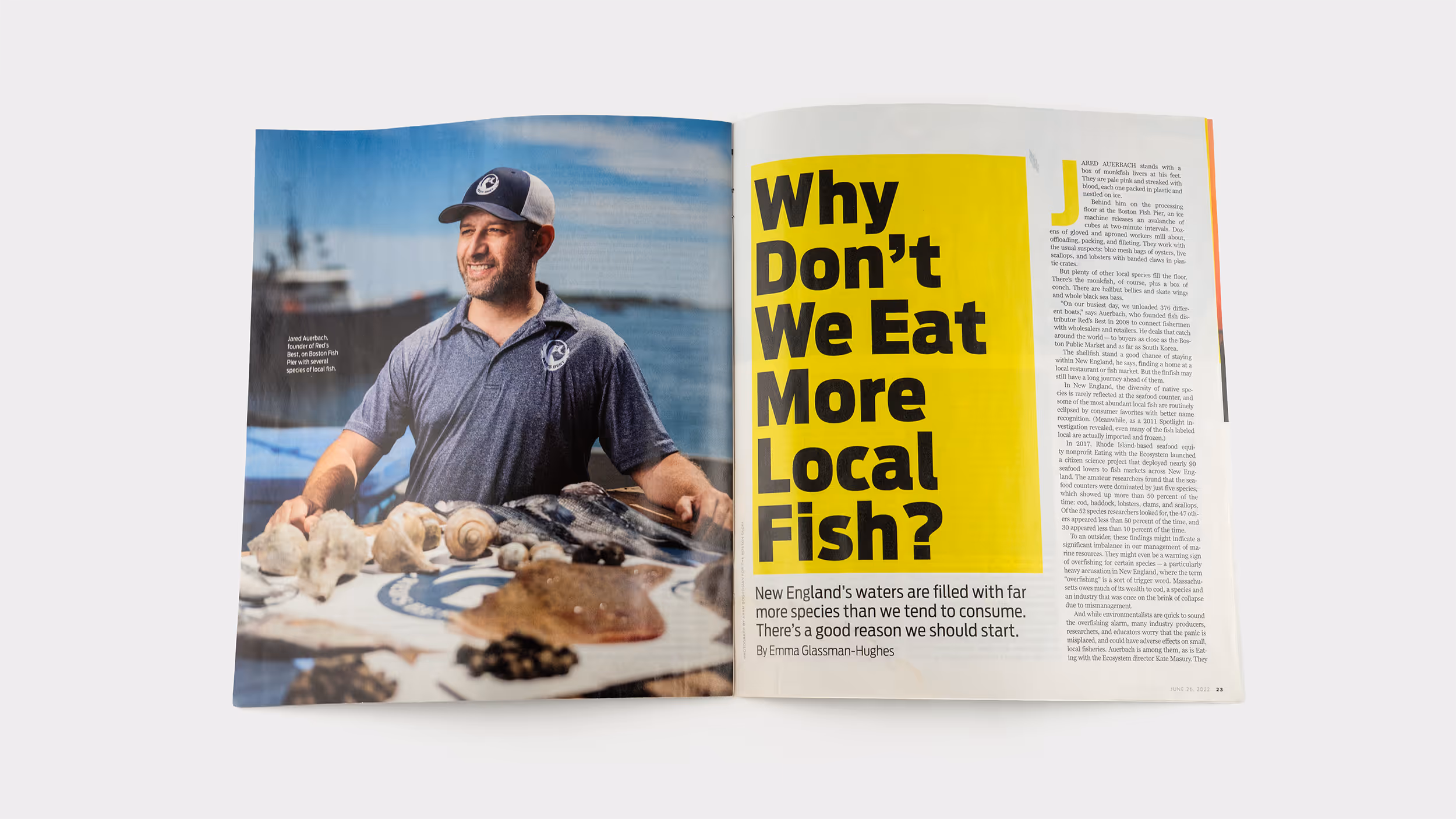 Open magazine spread with a man wearing a cap and polo shirt standing behind a display of local fish and shellfish on the left page, and a bold yellow headline on the right page reading 'Why Don’t We Eat More Local Fish?'