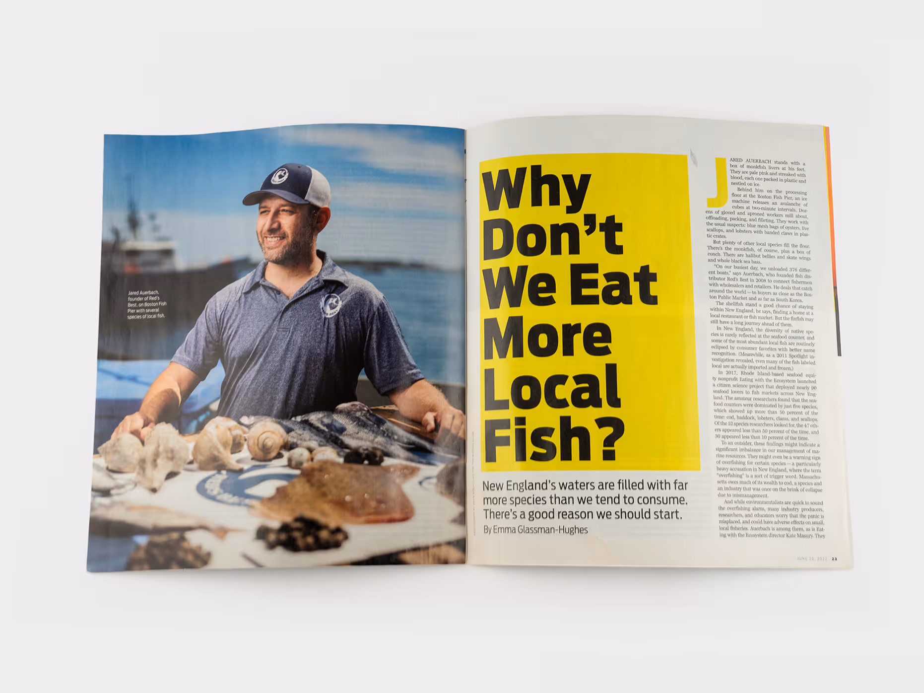 Open magazine spread with a man wearing a cap and polo shirt standing behind a display of local fish and shellfish on the left page, and a bold yellow headline on the right page reading 'Why Don’t We Eat More Local Fish?'