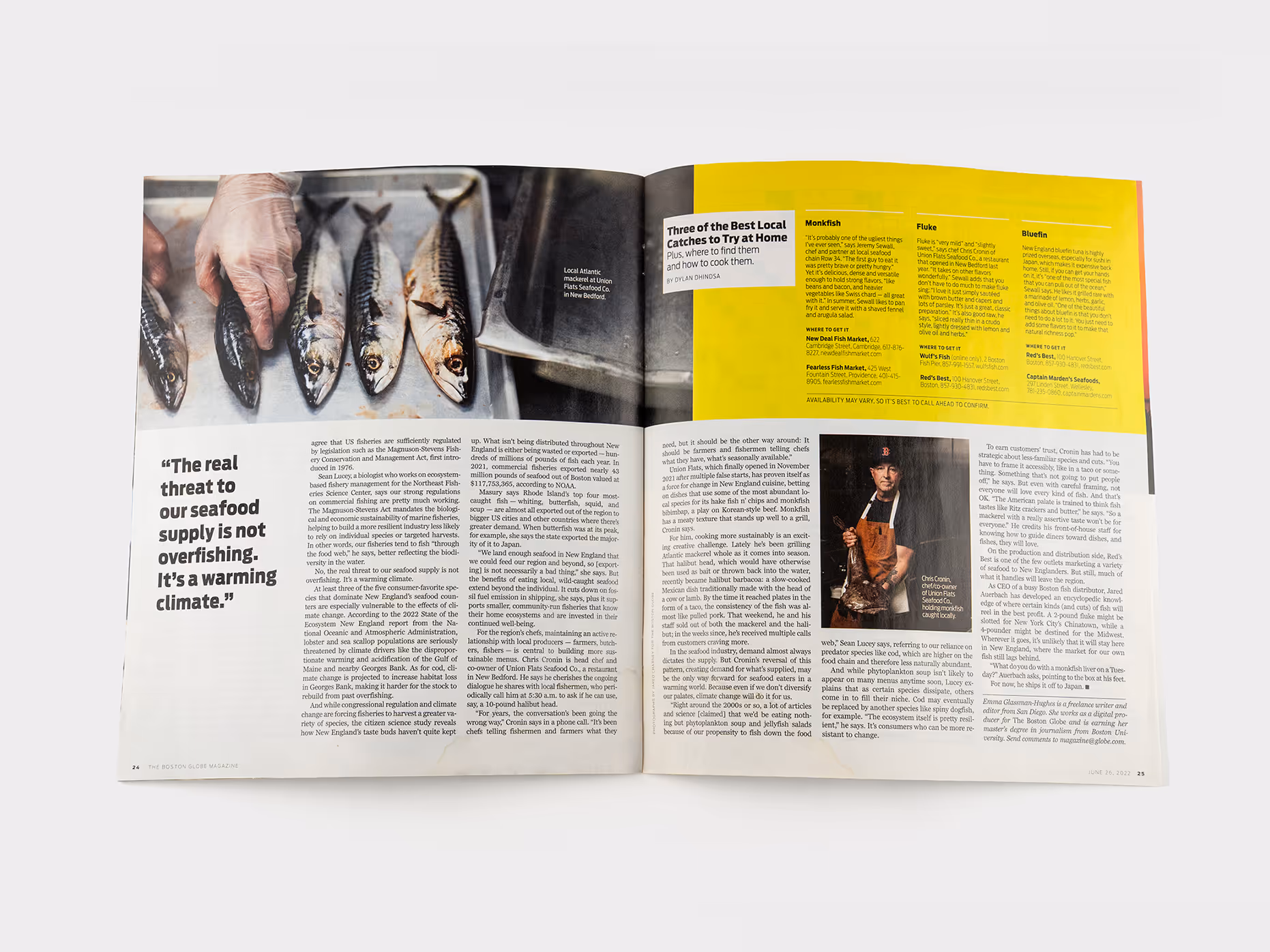 Magazine spread featuring an article on seafood sustainability with a photo of whole fish lined up on a tray and a chef grilling fish, accompanied by text and local seafood market recommendations.