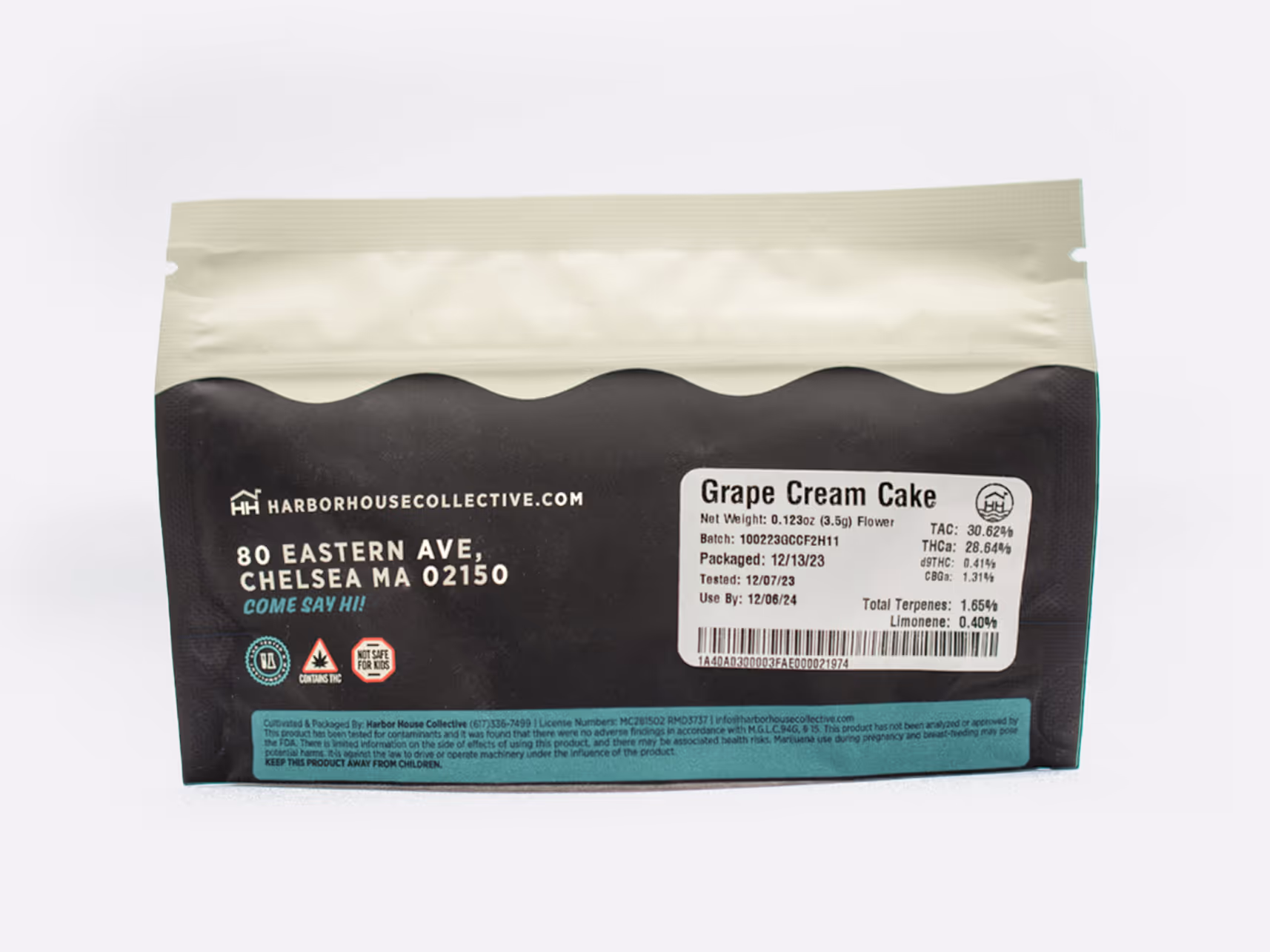 Packaging bag for Grape Cream Cake cannabis flower with product details, THC and terpene content, and Harbor House Collective address in Chelsea, MA.