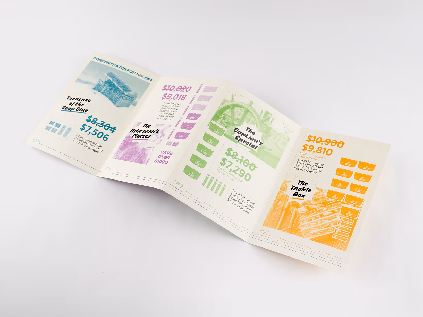 Tri-fold brochure displaying four discounted product bundles named Treasure of the Deep Blue, The Fisherman's Platter, The Captain's Special, and The Tackle Box, each with product images, discounted prices, and item details.