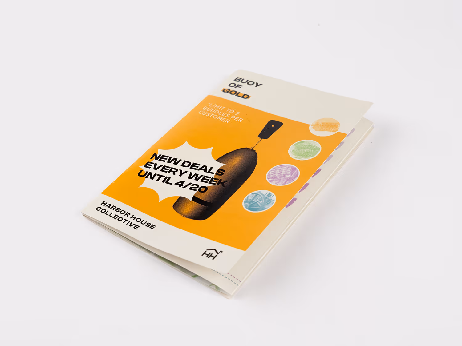 Folded promotional booklet titled 'Buoy of Gold' featuring a black buoy illustration and text about new deals every week until 4/20, with Harbor House Collective branding.