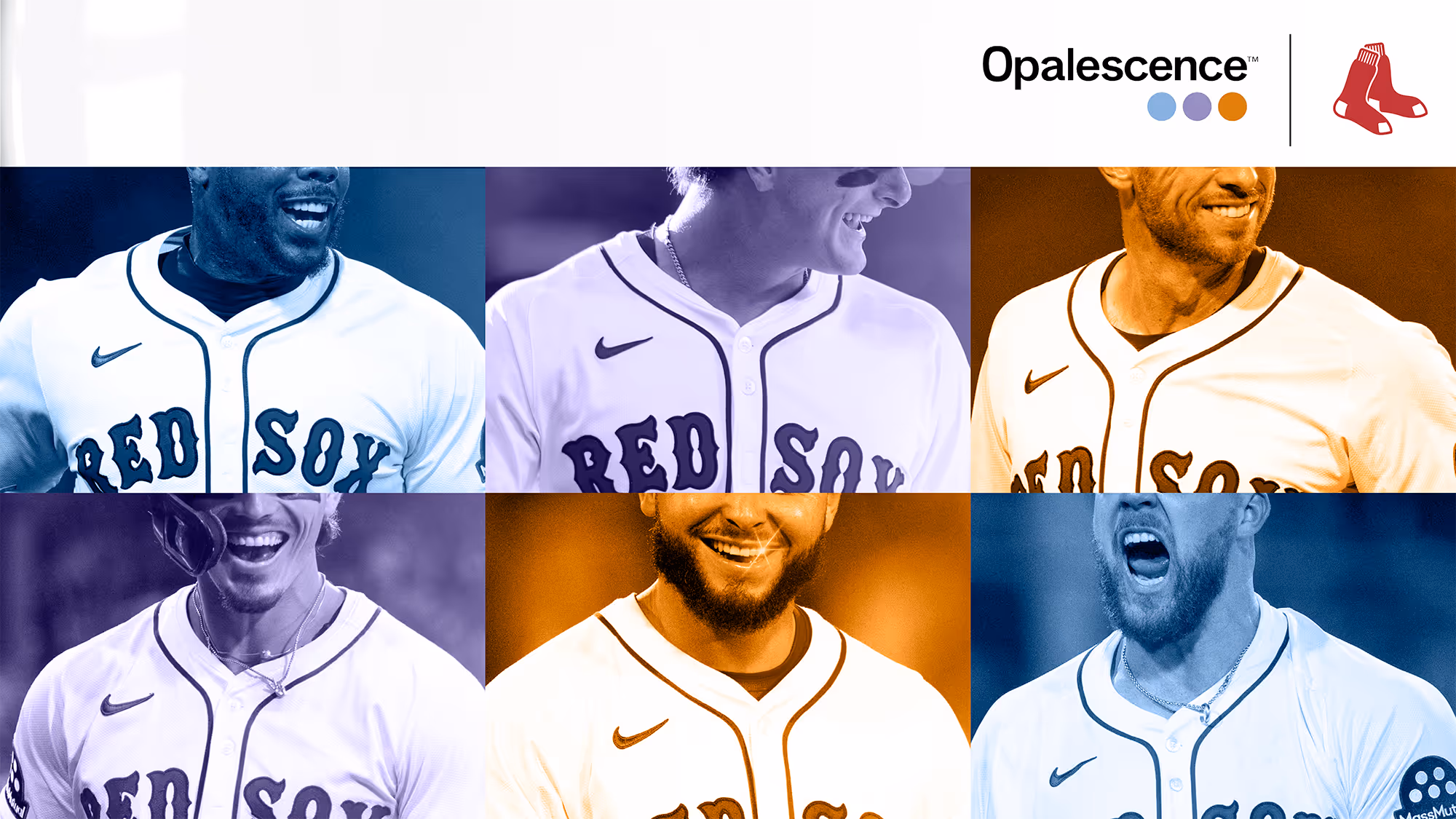 A slide deck cover featuring a collage of six Boston Red Sox baseball players in white jerseys, cropped to focus on their teeth, with blue, purple, and orange overlay tones and Opalescence logo at the top.