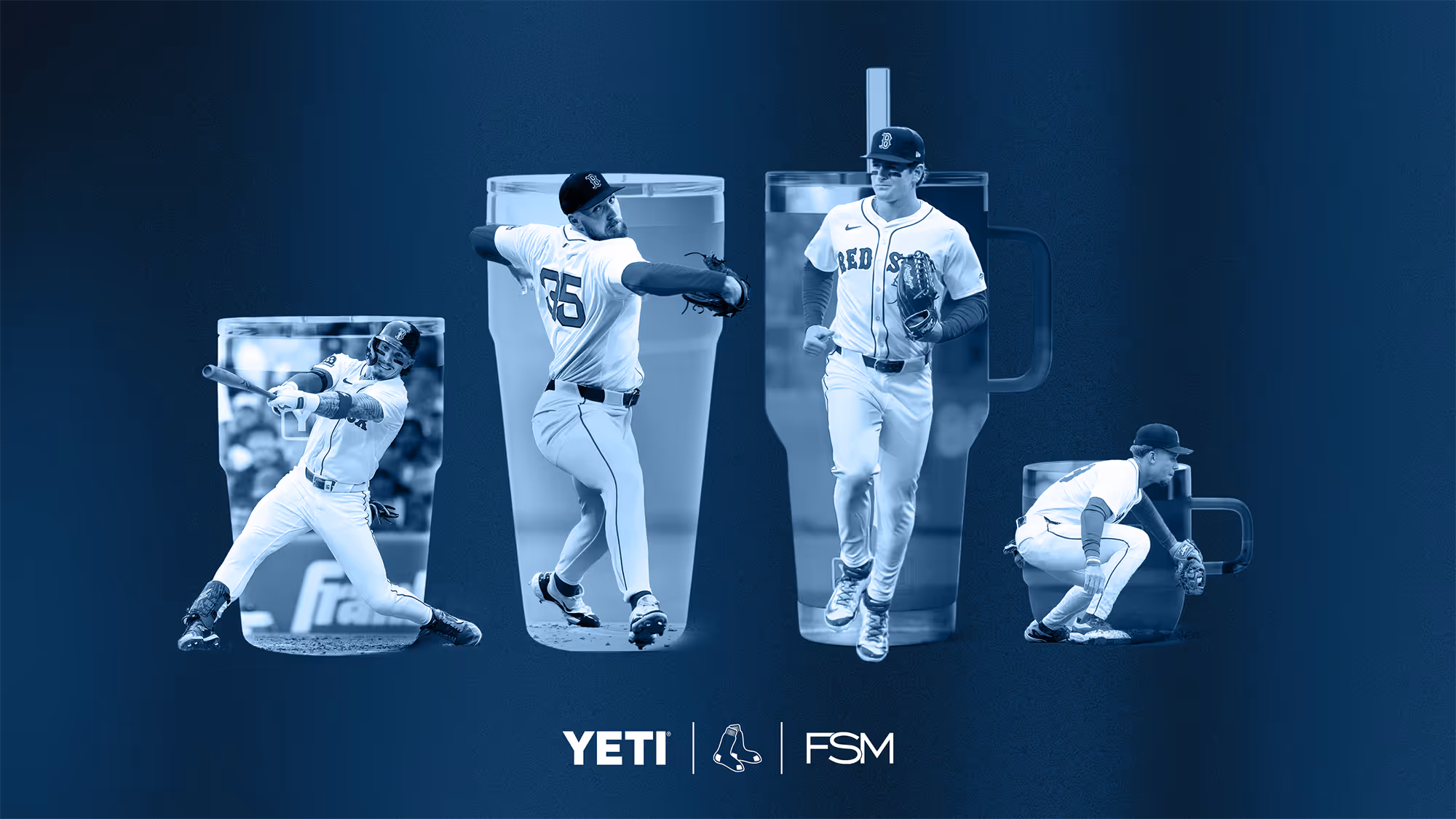 A cover of a slide deck featuring four Boston Red Sox baseball players in action poses integrated inside various YETI drinkware silhouettes against a dark blue background.