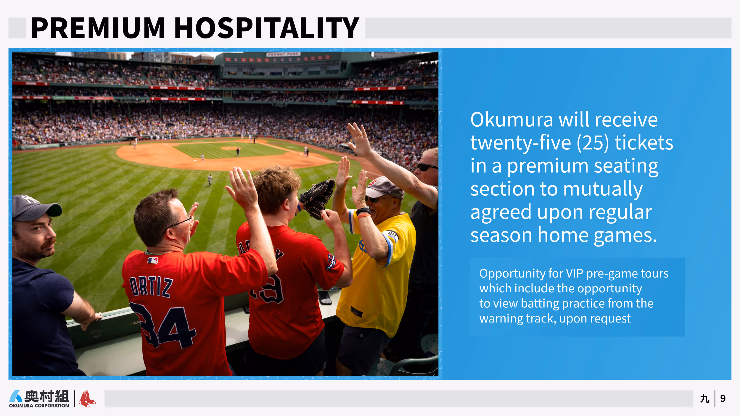 Slide 9 of Okumura slide deck: Baseball fans in a crowded stadium giving high-fives overlooking the field during a game.