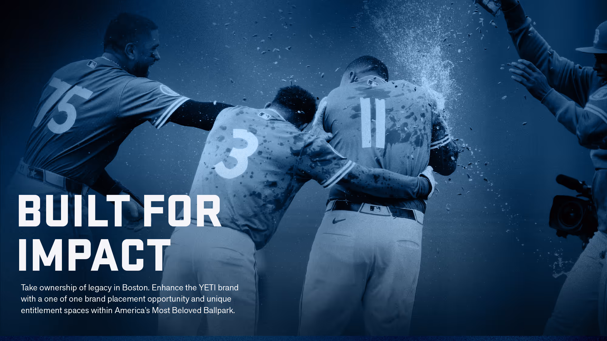 Slide of YETI deck: baseball players celebrating with one pouring a liquid on another, text reads 'Built for Impact' with a description of YETI brand opportunities in Boston's ballpark.