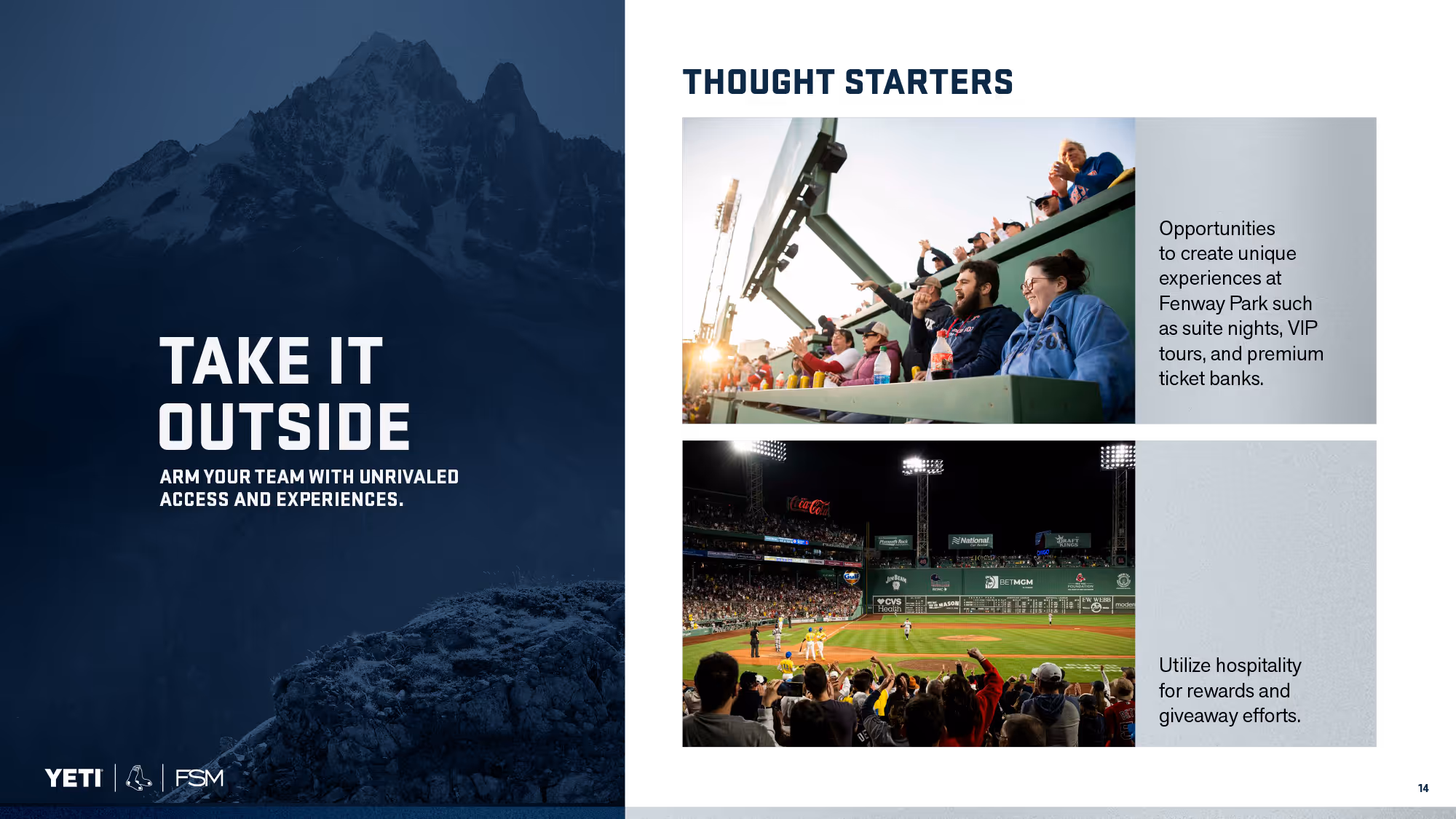 Slide of YETI deck: left side features text 'Take It Outside, arm your team with unrivaled access and experiences' over a mountain background, with Yeti and FSM logos below. Right side titled 'Thought Starters' with two images: fans cheering in a stadium suite, and a night baseball game at Fenway Park with spectators, alongside text detailing unique Fenway experiences and hospitality for rewards.