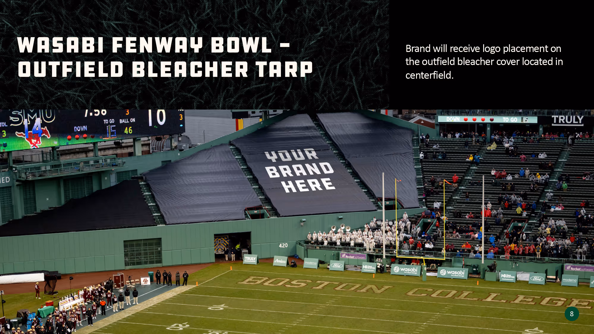 A slide with the heading: "WASABI FENWAY BOWL - OUTFIELD BLEACHER TARP" with an image of a view of Fenway Park outfield bleacher seats covered with a black tarp displaying 'YOUR BRAND HERE' for sponsor logo placement.