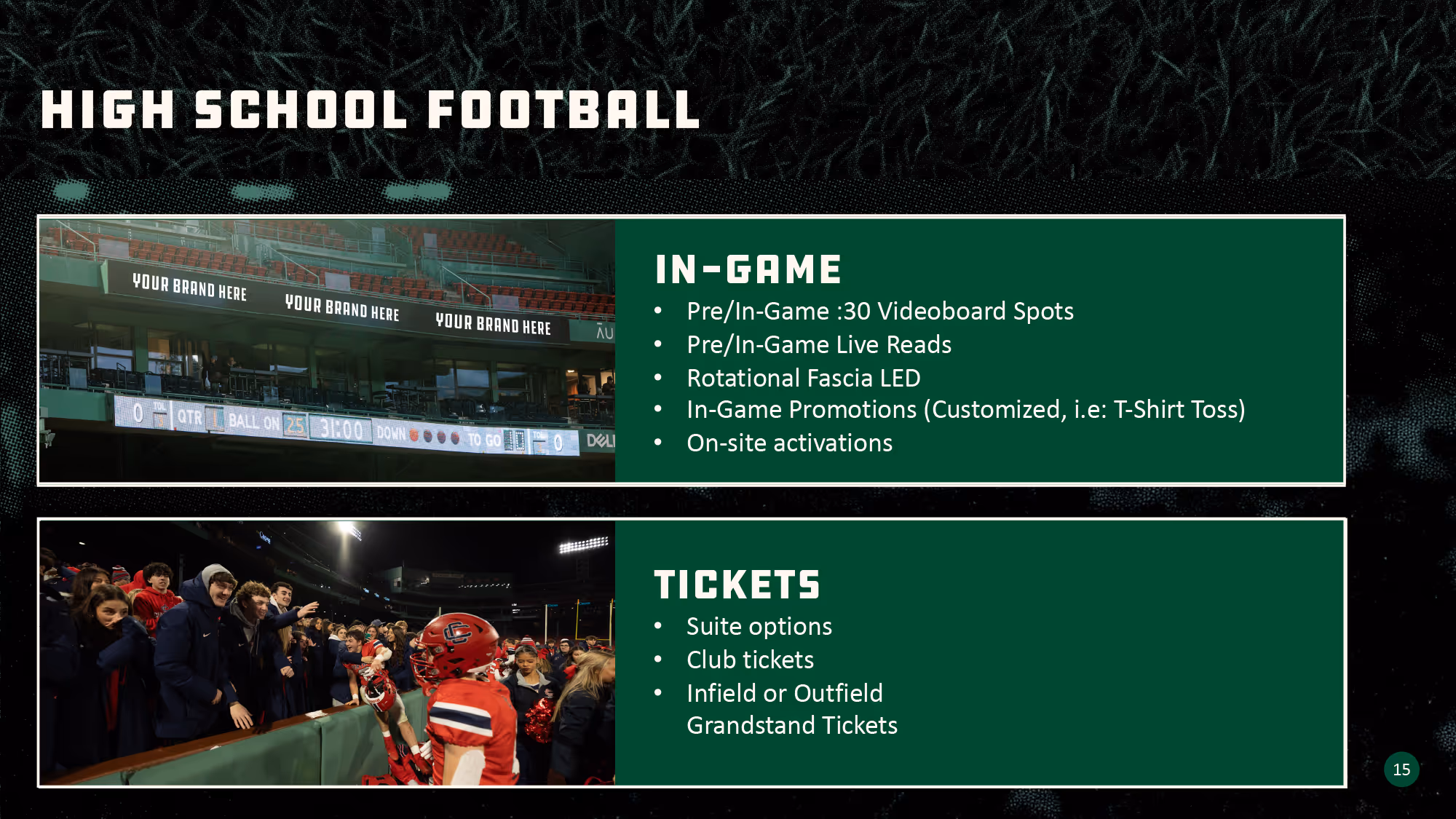 A slide with the heading "HIGH SCHOOL FOOTBALL" featuring high school football sponsorship opportunities including in-game videoboard spots, live reads, LED fascia, promotions, activations, and ticket options with images of a stadium videoboard and football player interacting with fans.