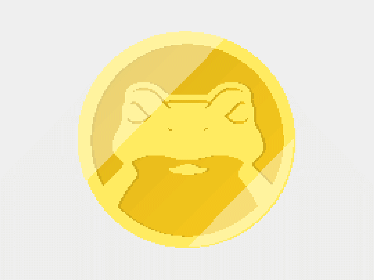 Animated rotating coin featuring a stylized frog face in a pixelated style.