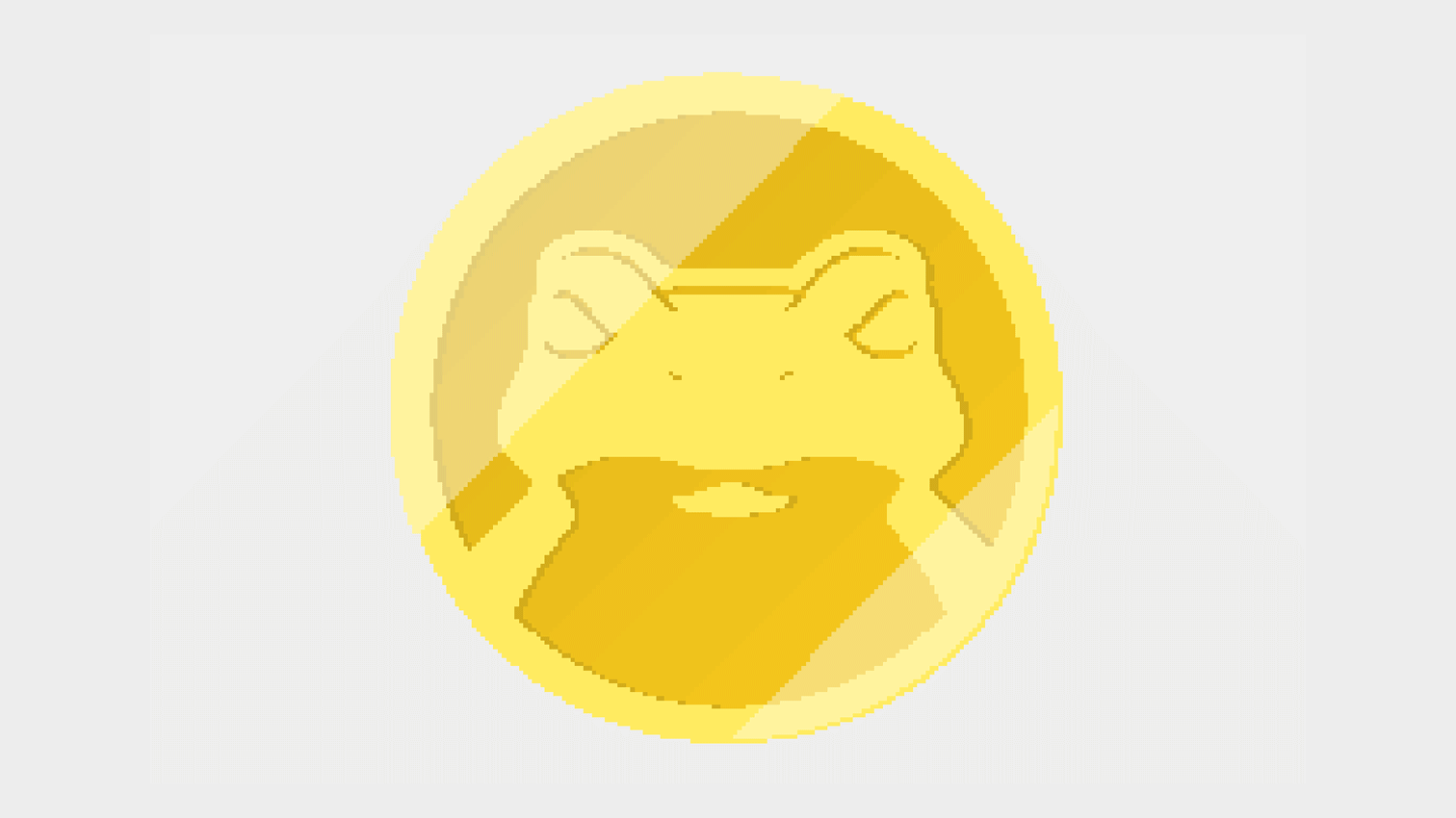 Animated rotating coin featuring a stylized frog face in a pixelated style.