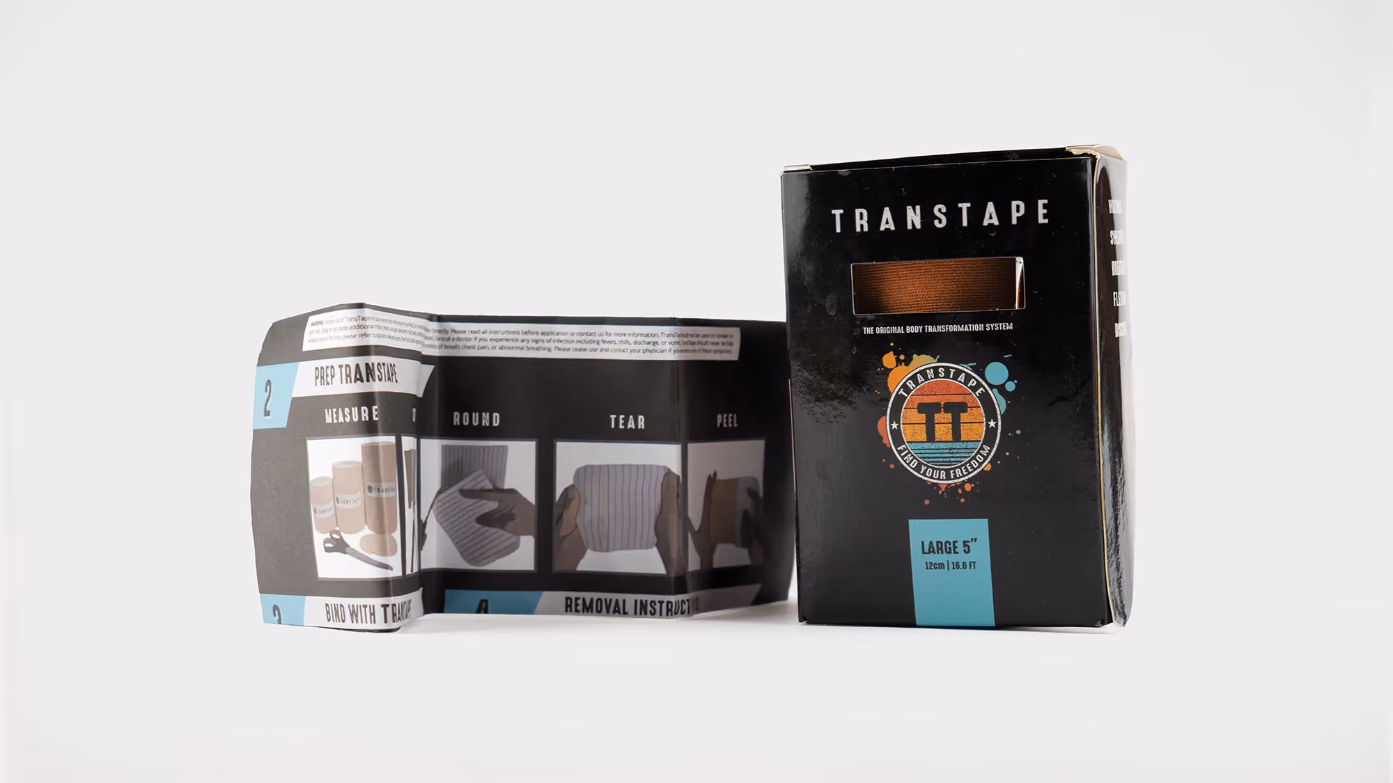 Black box of Transtape large 5-inch tape with instruction leaflet showing prep steps.