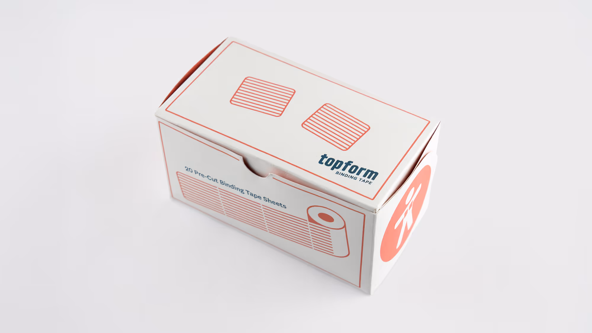 White box labeled 'topform BINDING TAPE' containing 20 pre-cut binding tape sheets with an illustration of the tape on the box.