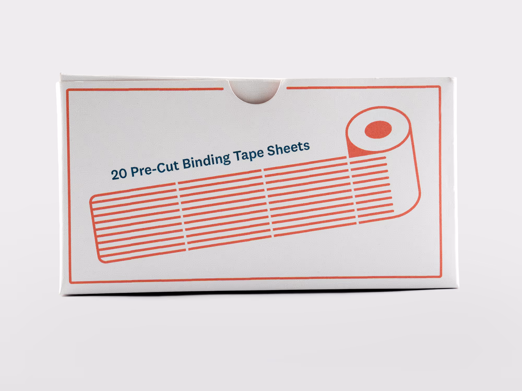 White box with red border showing an illustration of a roll of binding tape and text reading '20 Pre-Cut Binding Tape Sheets'.
