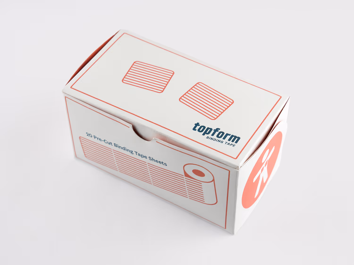 White box of Topform binding tape with illustrations and text stating 20 pre-cut binding tape sheets.