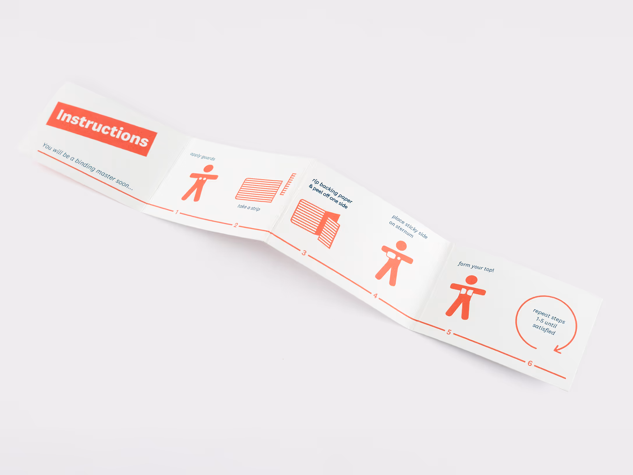 Folded instruction leaflet showing six steps for applying sticky strips with red icons and text on a white background.