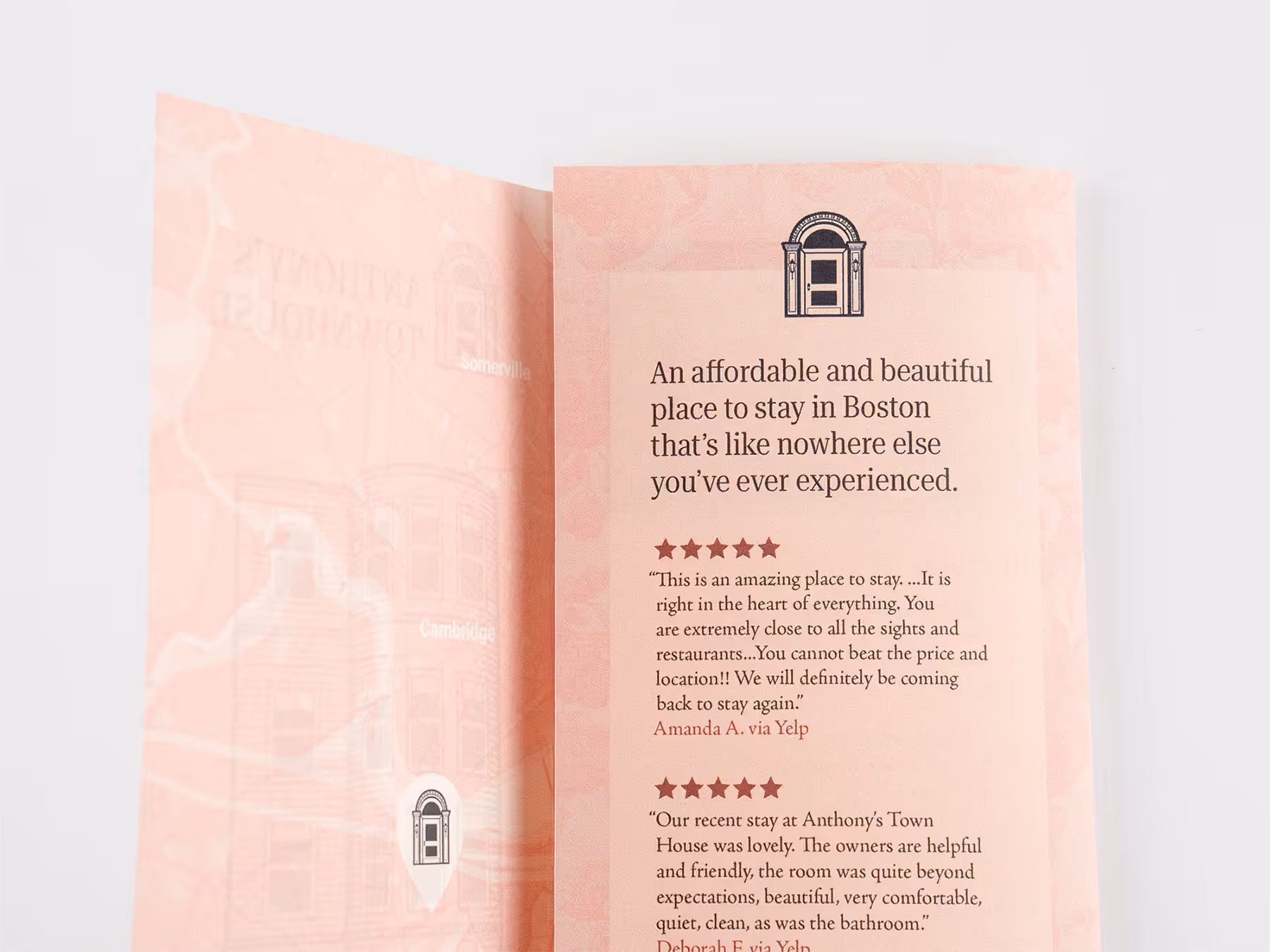 Brochure page with a message about an affordable Boston stay and two five-star guest reviews from Yelp.