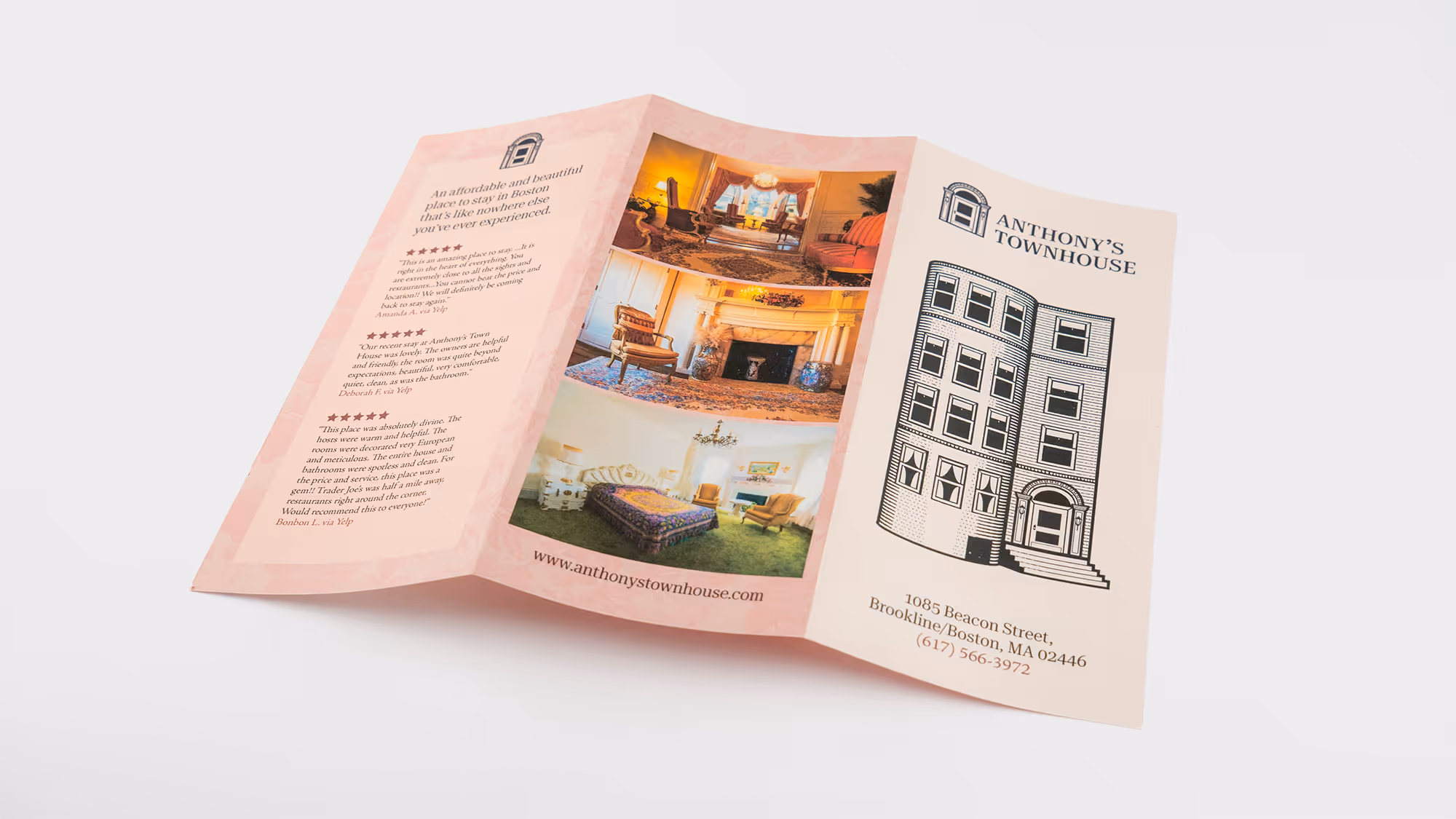 Tri-fold brochure for Anthony's Townhouse featuring building illustration, contact info, interior photos, and guest reviews.
