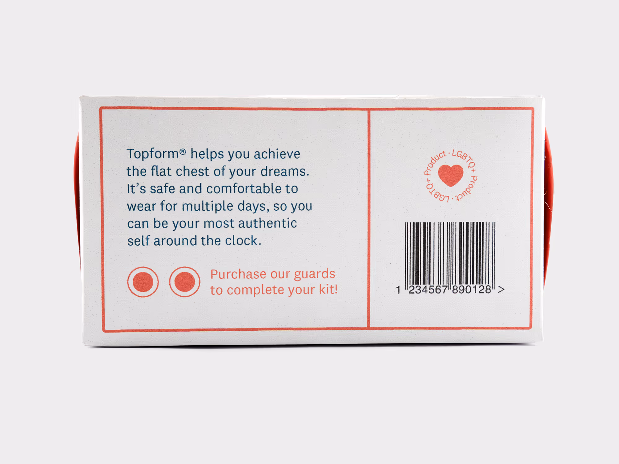 Package back with text describing Topform flat chest binder, safe for multiple days, and a barcode with LGBTQ+ product heart logo.