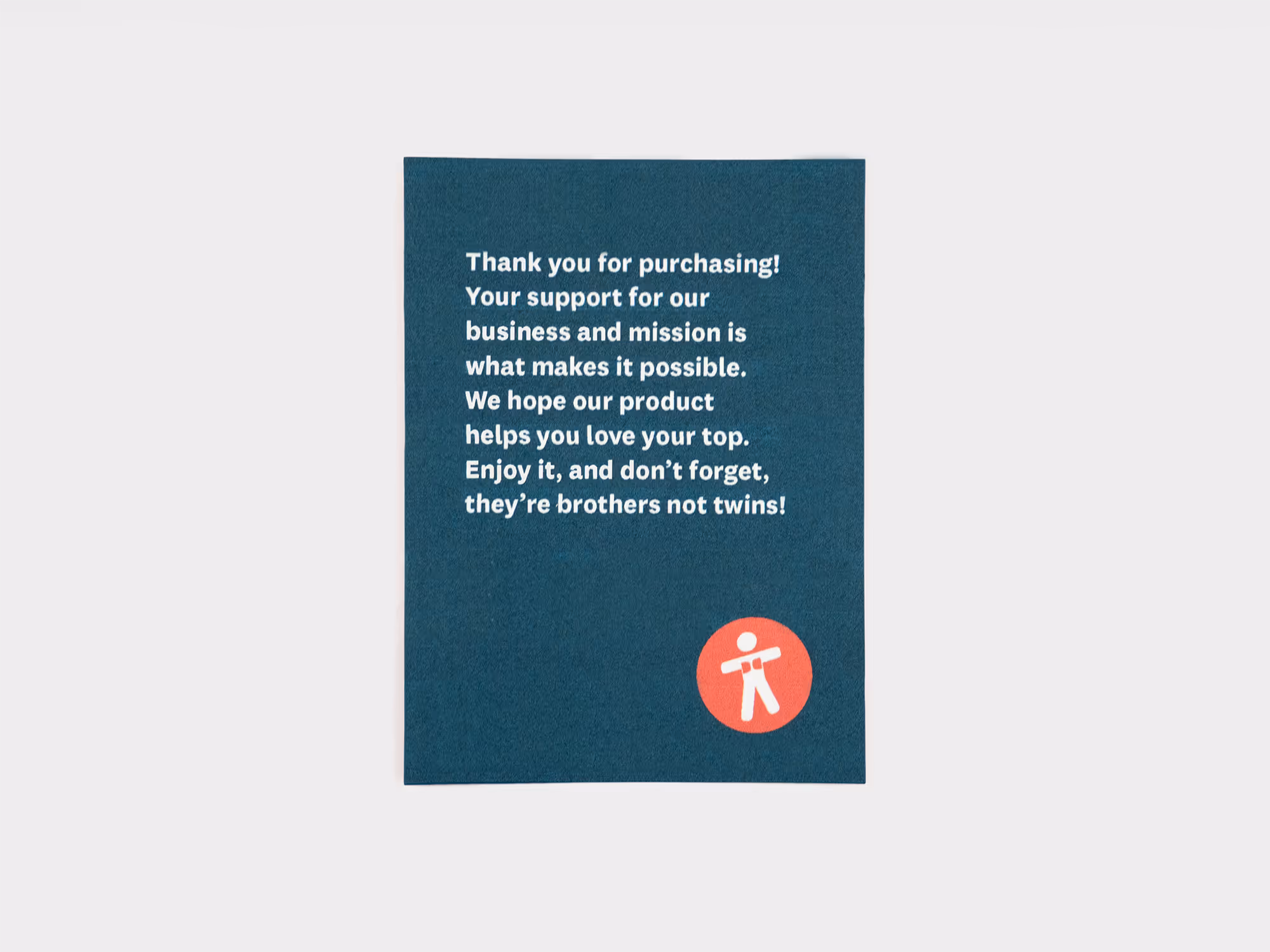 Blue card with a thank you message for purchasing and support, including a small icon of a figure in a red circle.