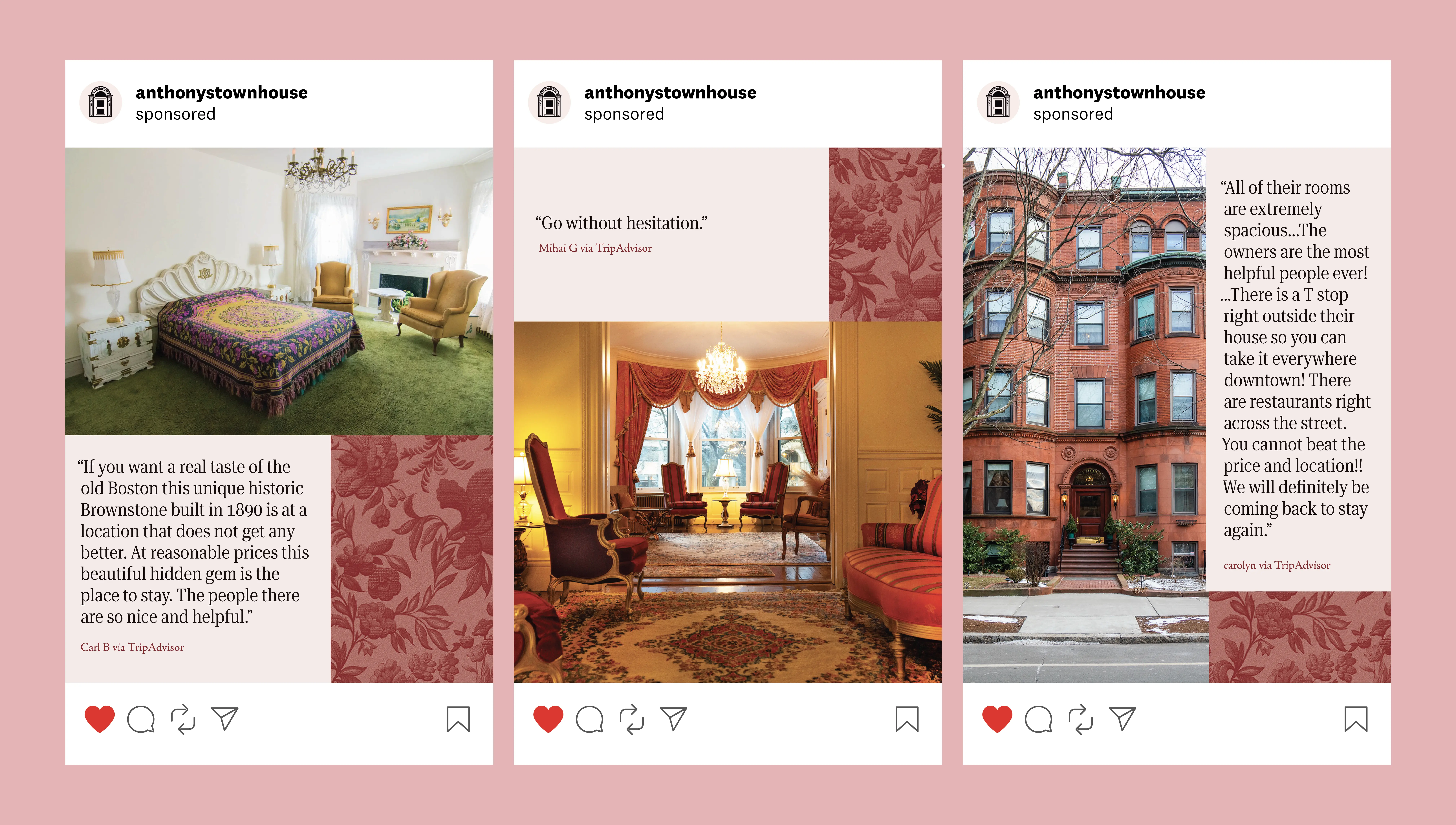 Three sponsored Instagram posts from anthonystownhouse featuring a bedroom with vintage furniture, a cozy living room with ornate chairs and a chandelier, and the exterior of a historic brownstone building, each with guest reviews from TripAdvisor.