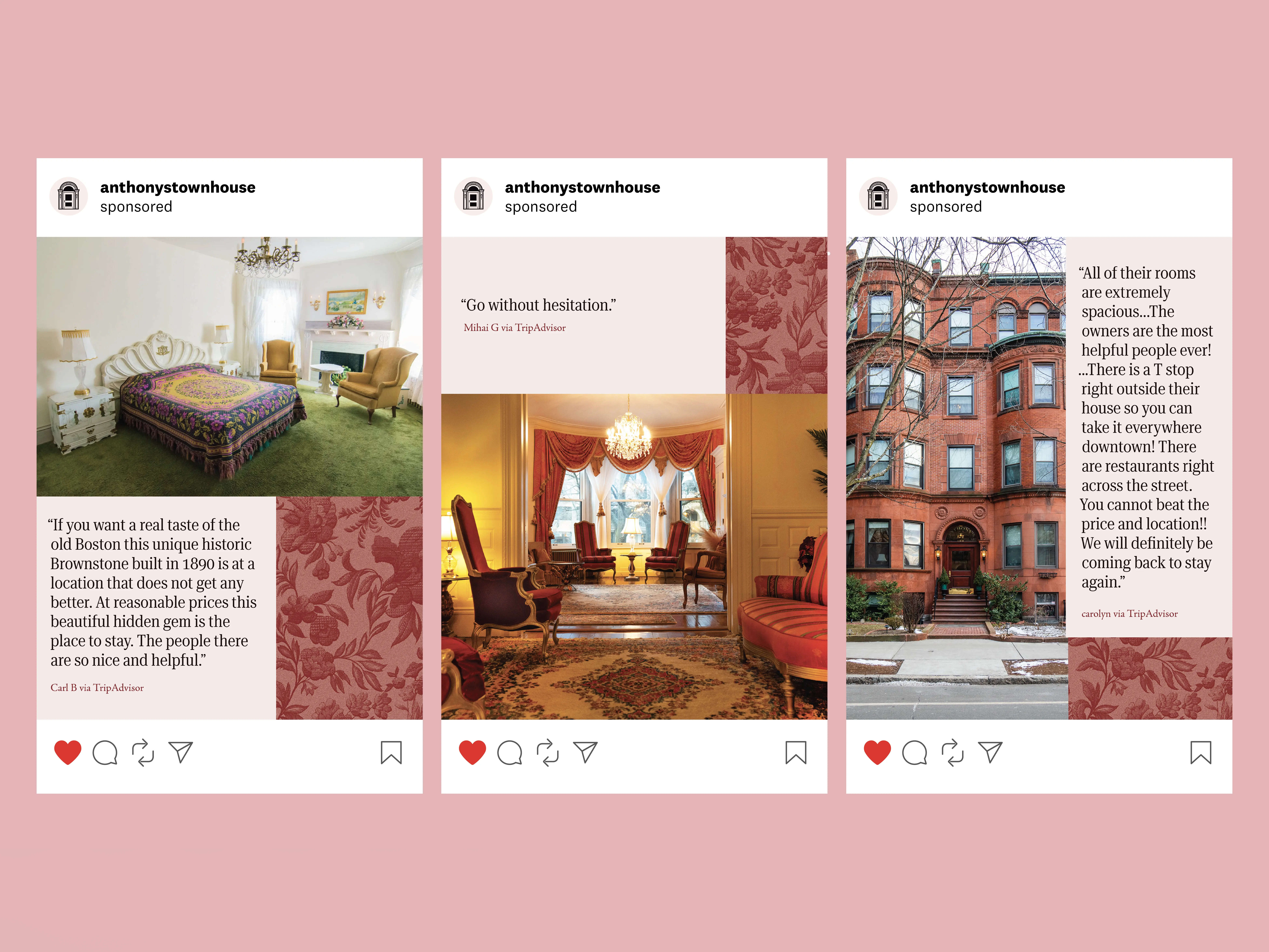 Three sponsored Instagram posts from anthonystownhouse featuring a bedroom with vintage furniture, a cozy living room with ornate chairs and a chandelier, and the exterior of a historic brownstone building, each with guest reviews from TripAdvisor.
