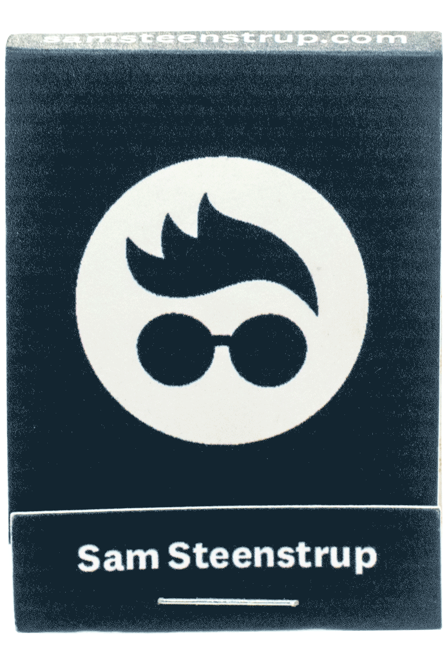 Black matchbox with white logo of stylized hair and round glasses above the name 'Sam Steenstrup'.